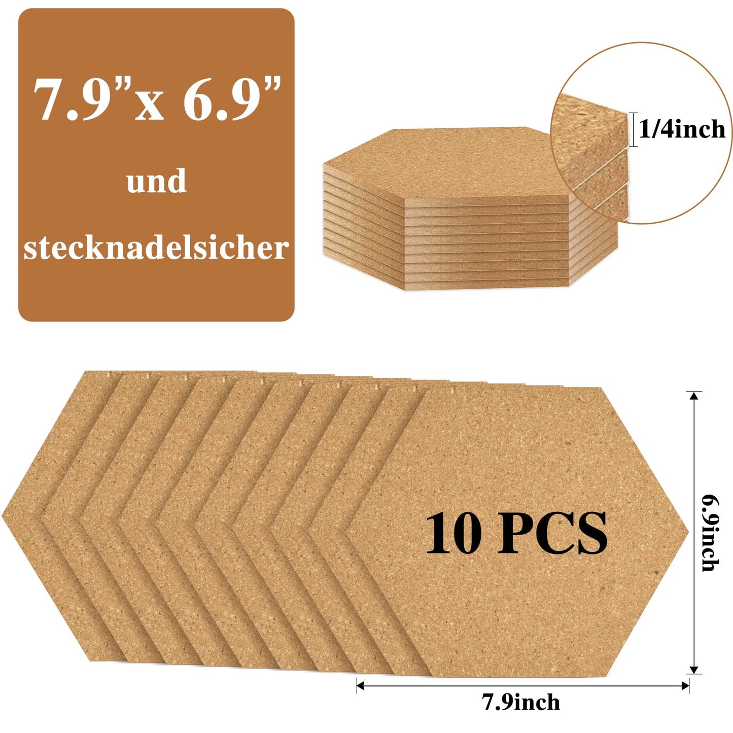 NACHLYNN Korktafel 10 Stück Sechseckige Kork-Pinnwände für Die Wand Selbstklebende Korktafeln Mit 50 Farbenfrohen Pinnnadeln Kork-Pinnwand für Die Wand Zuhause Schule