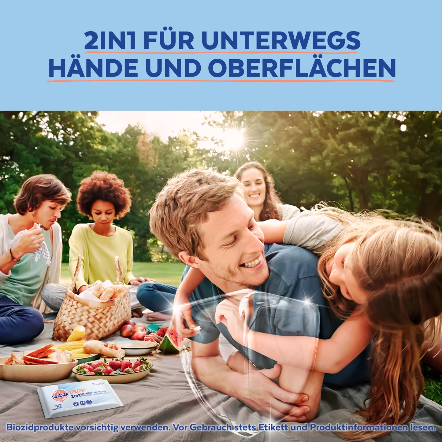 Sagrotan 2in1-Desinfektionstücher – Zum Desinfizieren von Händen und Oberflächen – 8 x 15 Feuchttücher in wiederverschließbarer Verpackung, Weiß, Ozean