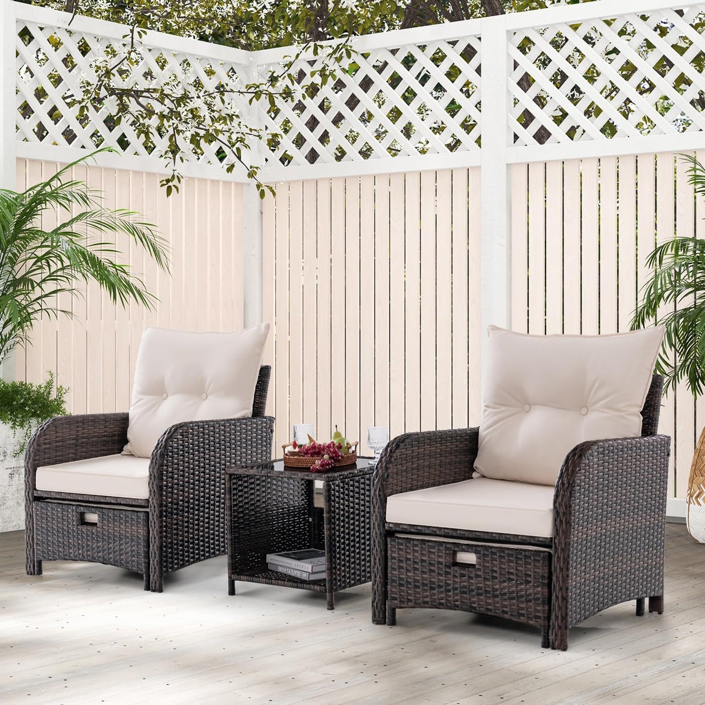 GIANTEX 5er Rattan Gartenmöbel Set, Balkonmöbel Kleiner Balkon, Balkonset 2 Rattansessel mit Hocker, Gartenlounge Set Terrassenmöbel mit Tisch, Gartengarnitur Möbelsets Outdoor Sitzgruppe 5 teilig