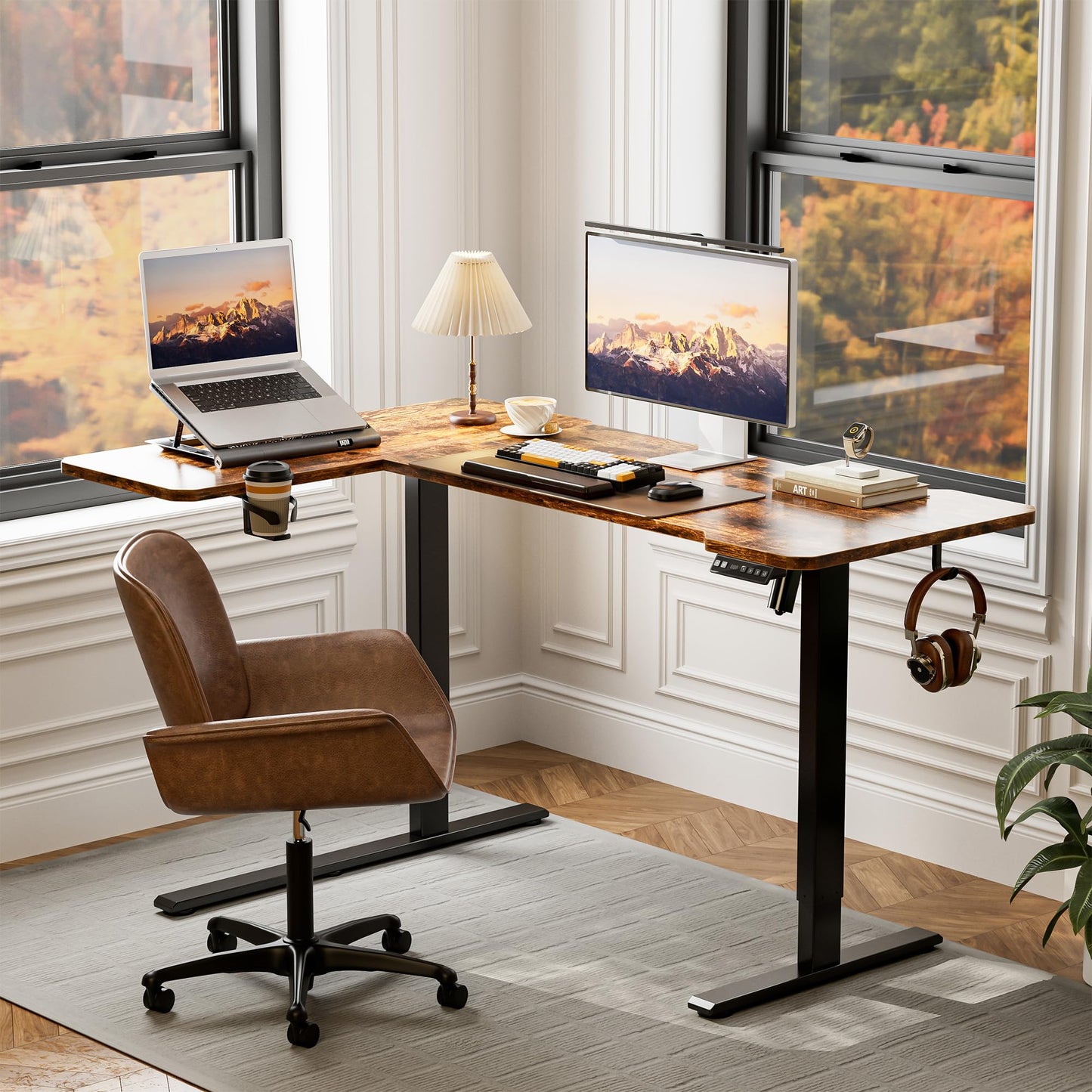 Acrolix Höhenverstellbarer Schreibtisch Eckschreibtisch, 150 X 100 cm Schreibtisch Höhenverstellbar Elektrisch, Steh-Sitz Gaming Tisch Computertisch, Stabile Doppelträger für Zuhause, Büro, Braun