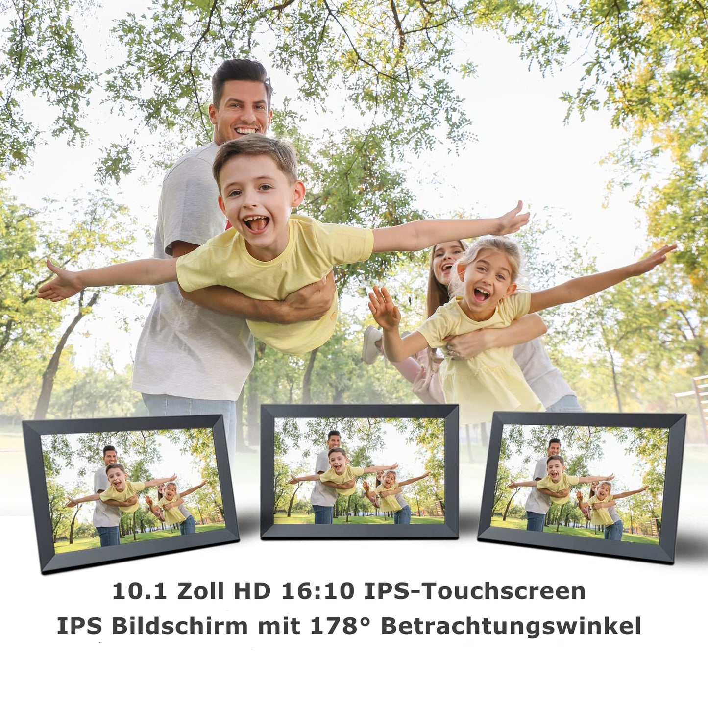 Aorpdd Digitaler Bilderrahmen WLAN 10.1 Zoll, HD IPS-Touchscreen Elektronischer Bilderrahmen mit 32 GB Speicher, Automatische Drehung, Teilen von Fotos oder Videos überall über Frameo App