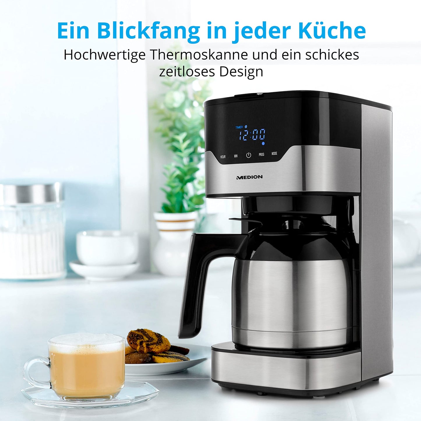 MEDION Kaffeemaschine mit Thermoskanne und Timer (Filtermaschine, 8 Tassen, 1,2 Liter, 900 Watt, 3 Stufen, Warmhaltefunktion, Timer Zeitschaltuhr, Antitropf, Display, MD18458) edelstahl