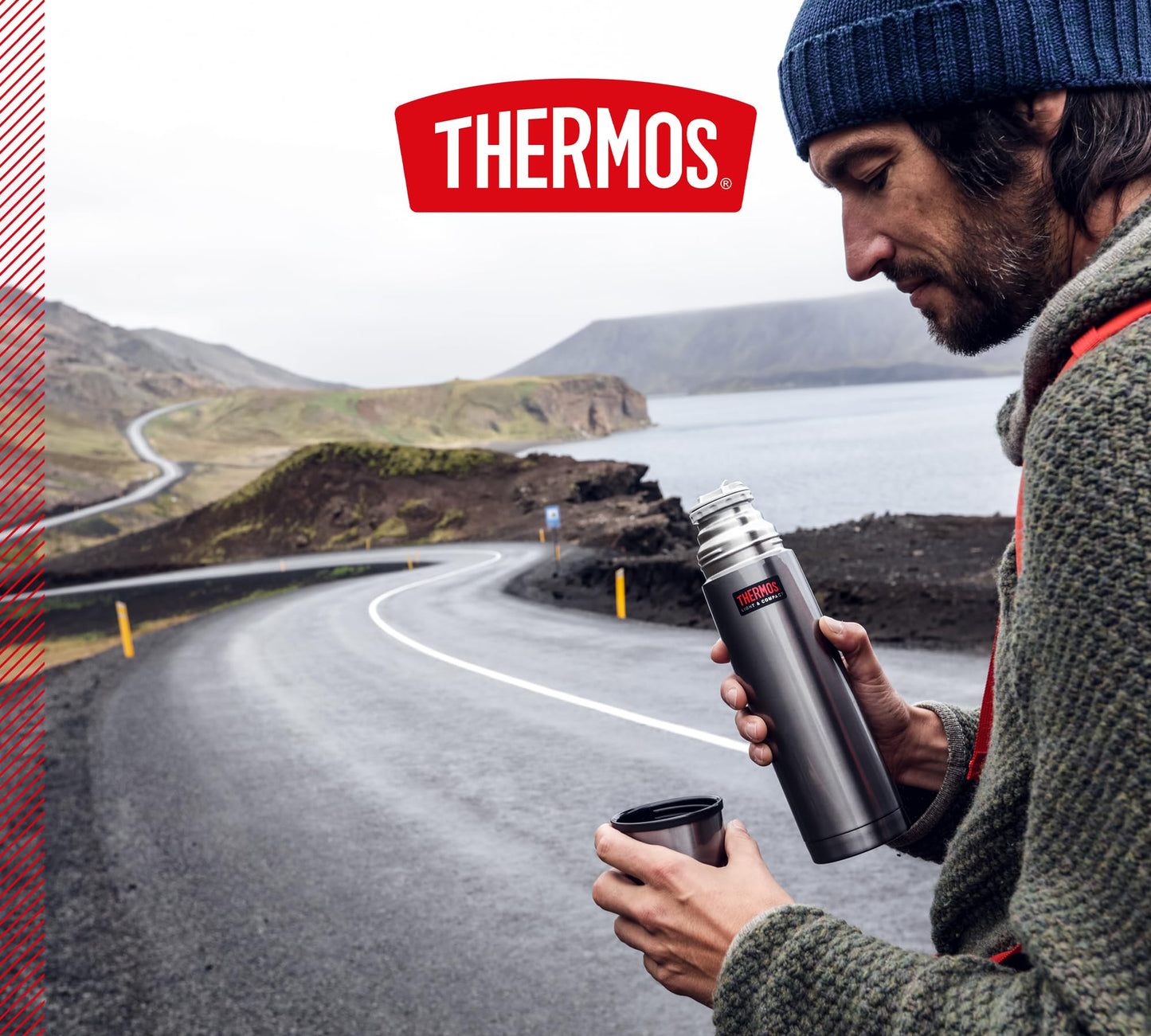 THERMOS LIGHT & COMPACT BEVERAGE BOTTLE 1l, stone grey, Thermosflasche Edelstahl, Isolierflasche grau mit Trinkbecher, 24 h heiß / 24 h kalt, spülmaschinenfest, absolut dicht, BPA-frei