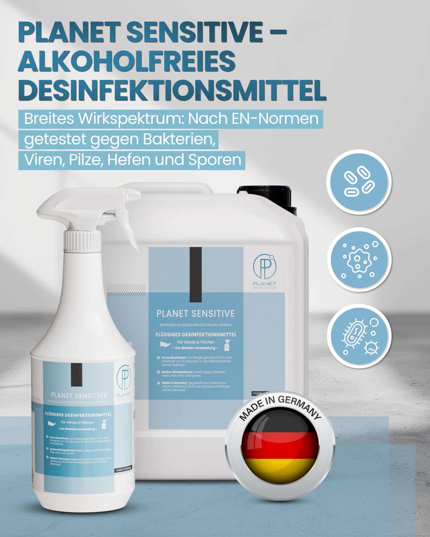 Planet Sensitive® - 5L alkoholfreies Desinfektionsmittel für Hände, Flächen & Haut - Gegen Bakterien, Viren, Sporen, Pilze, Hefen, Schimmel und Gerüche | Kanister (Halal & Koscher)