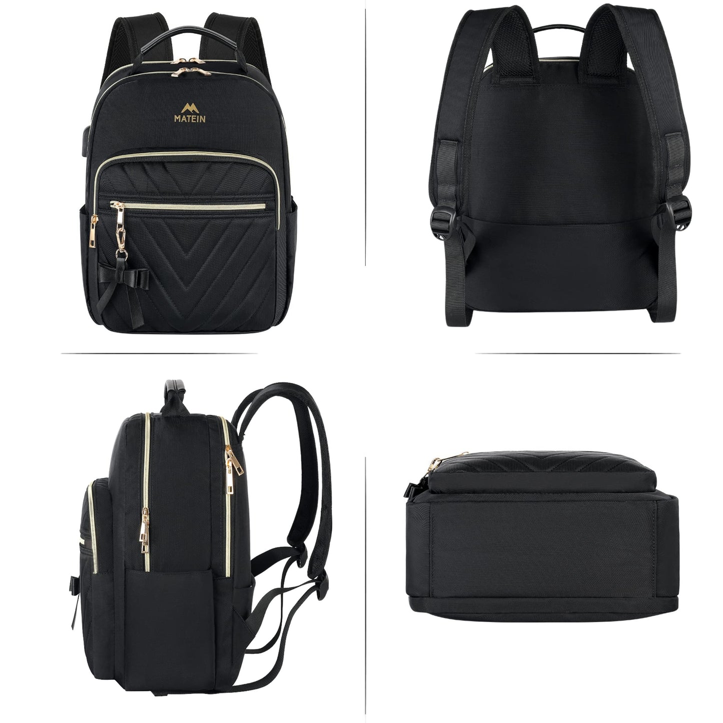 MATEIN Rucksack Damen Klein, Elegant Schulrucksack Geldbeutel Set 2 in 1 Wasserdicht Cityrucksack Casual Daypack mit USB Ladeanschluss Modern Handtasche Rucksacktasche für Reisen Arbeit Schwarz
