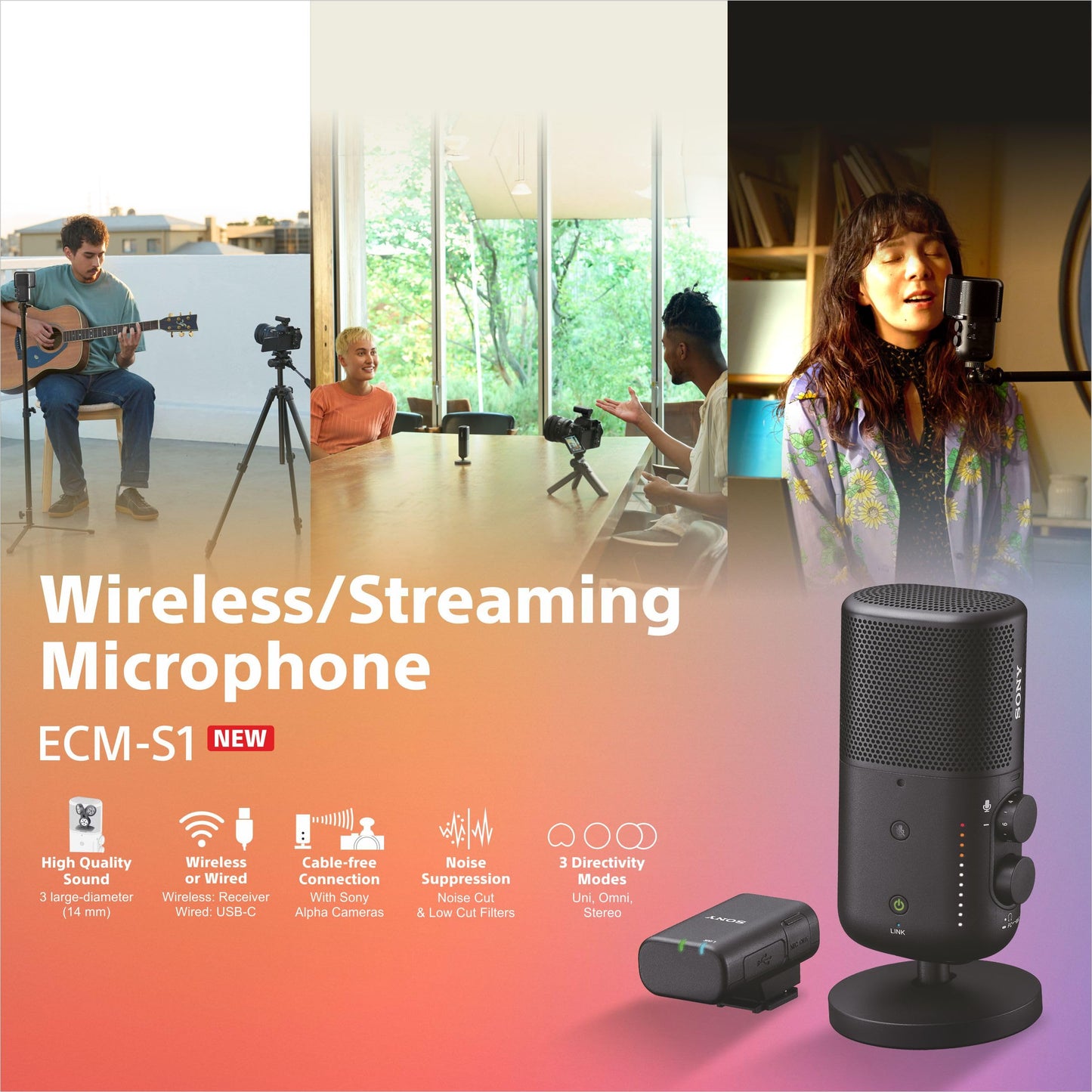 Sony ECM-S1, Streaming Mikrofon, Rauschunterdrückung, Echtzeit-Streaming, Kompakt & Vielseitig, Perfekt für Podcasts, Interviews, Gaming, Vlogs