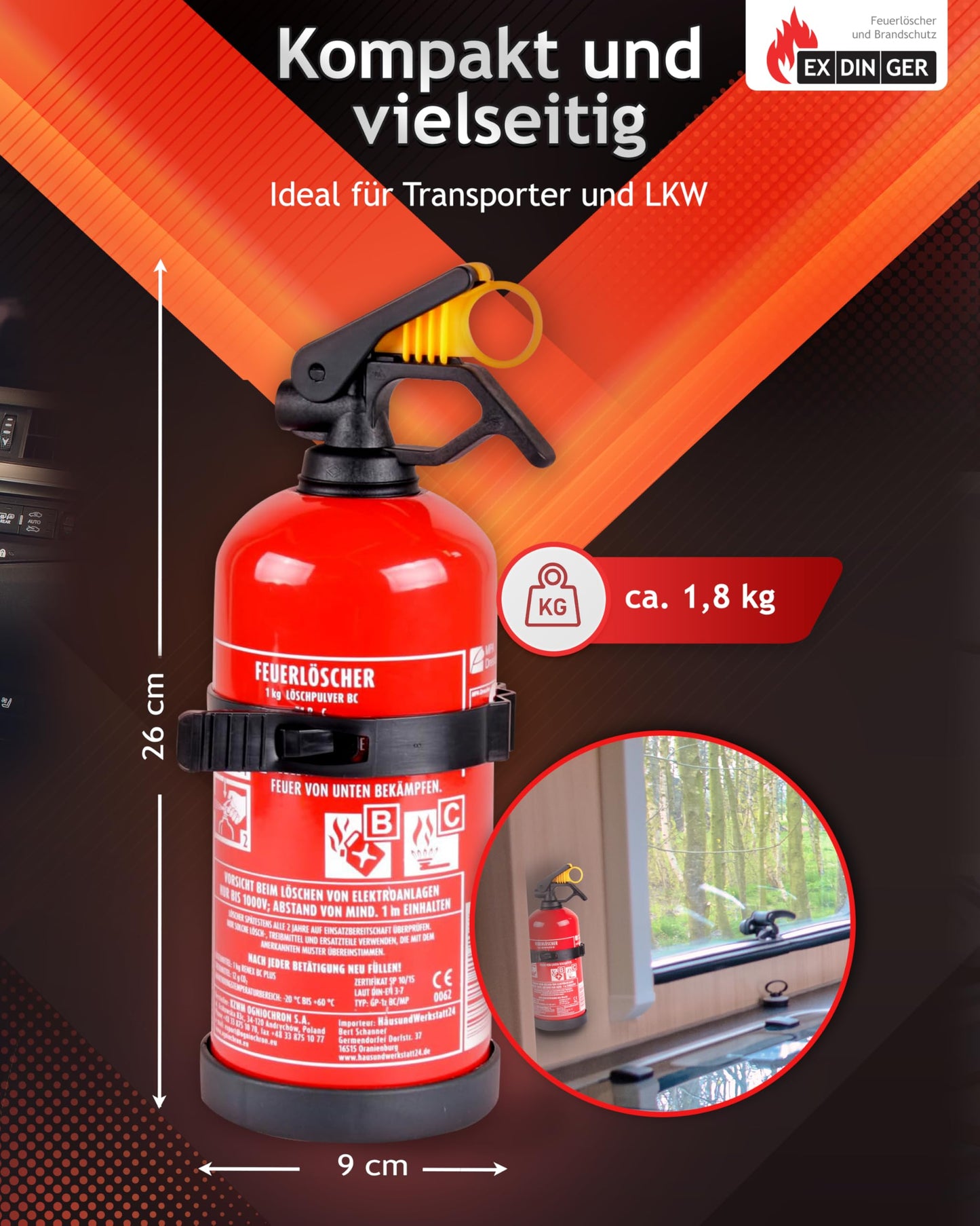 EXDINGER BC-Pulver-Autofeuerlöscher 1kg (Aufladelöscher GP-1Z BC Halterung Sicherungskeil Instandhaltungsnachweis)