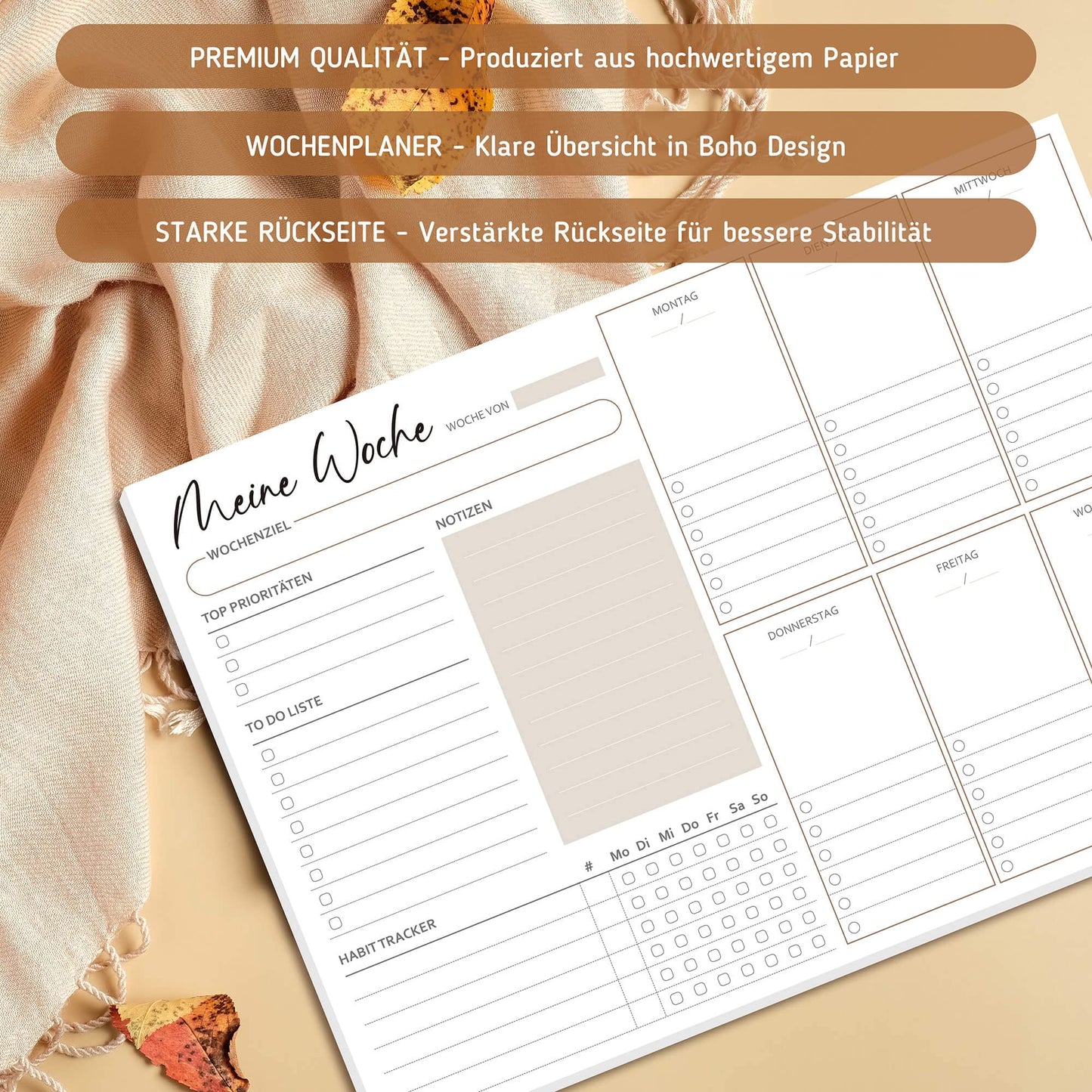 Biroyal Wochenplaner Block A4 ohne festes Datum (50 Seiten), Schreibtischunterlage mit ToDo Liste, Wochenkalender Wochen Planer mit Wochenübersicht&Habit-Tracker für Termine, Aufgaben& Notizen