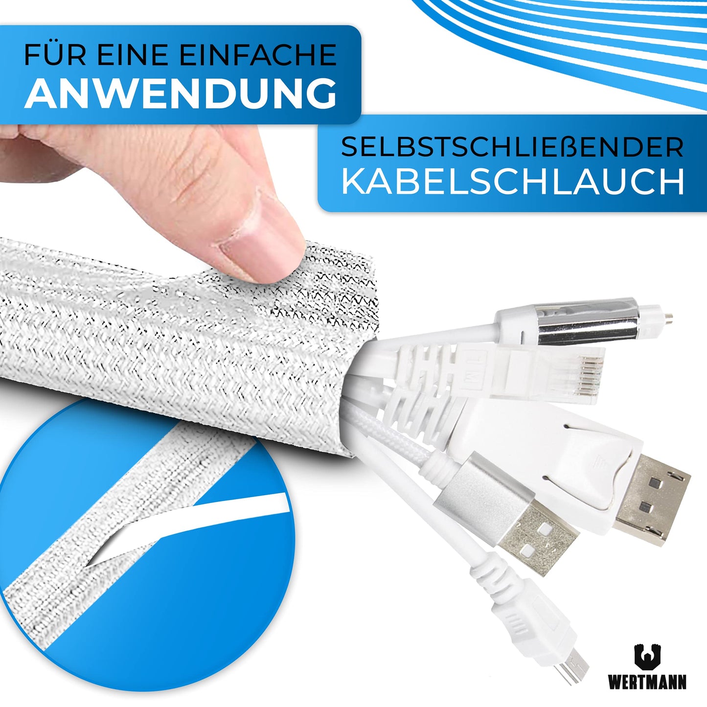 Wertmann gewebter Kabelschlauch weiß [3m] inkl Klettkabelbinder - Durchmesser [12-20mm] passt Sich an - als TV Kabelkanal weiß oder für den PC als Kabelmanagement Schreibtisch