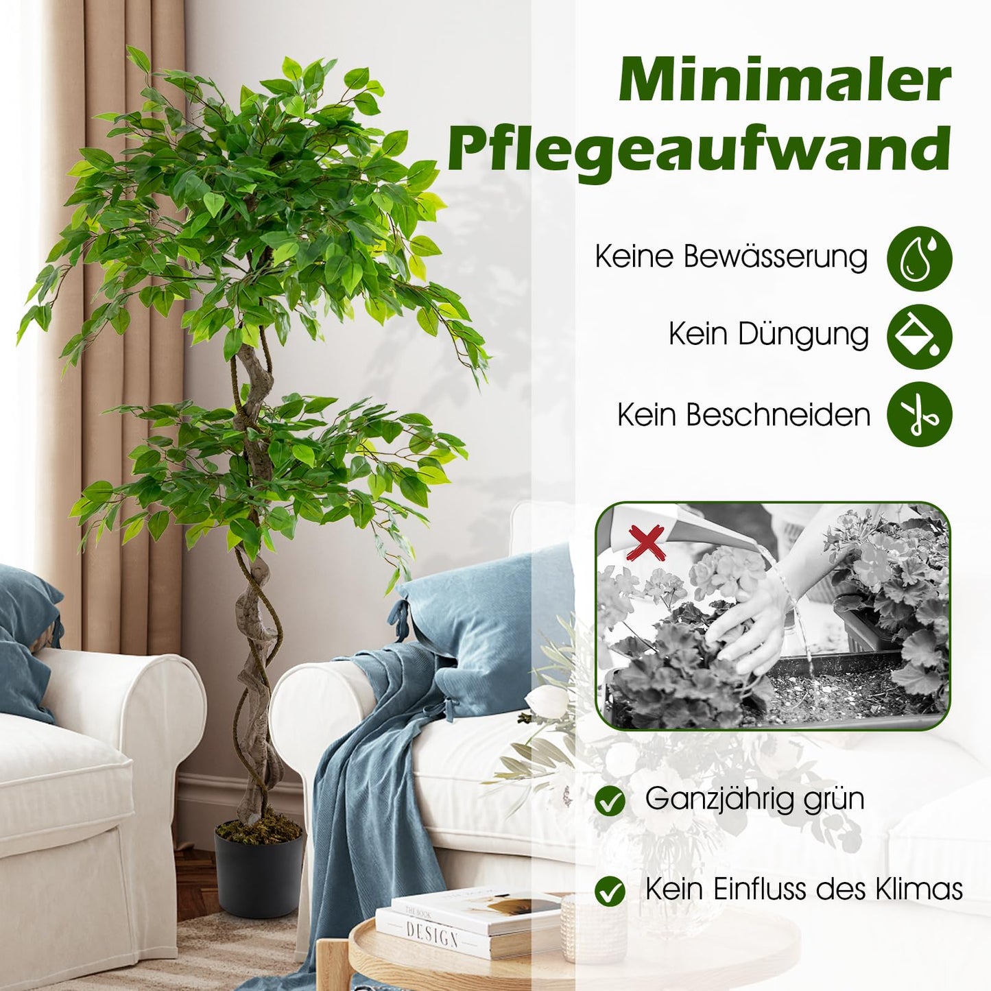 COSTWAY 150 cm Kunstpflanze grün, Künstliche Pflanze Ficus Benjamin, Dekopflanze mit natürlichem Holzstamm & Blättern, Zimmerpflanze Deko, Kunstbaum Innendekoration, für Zuhause Garten Büro