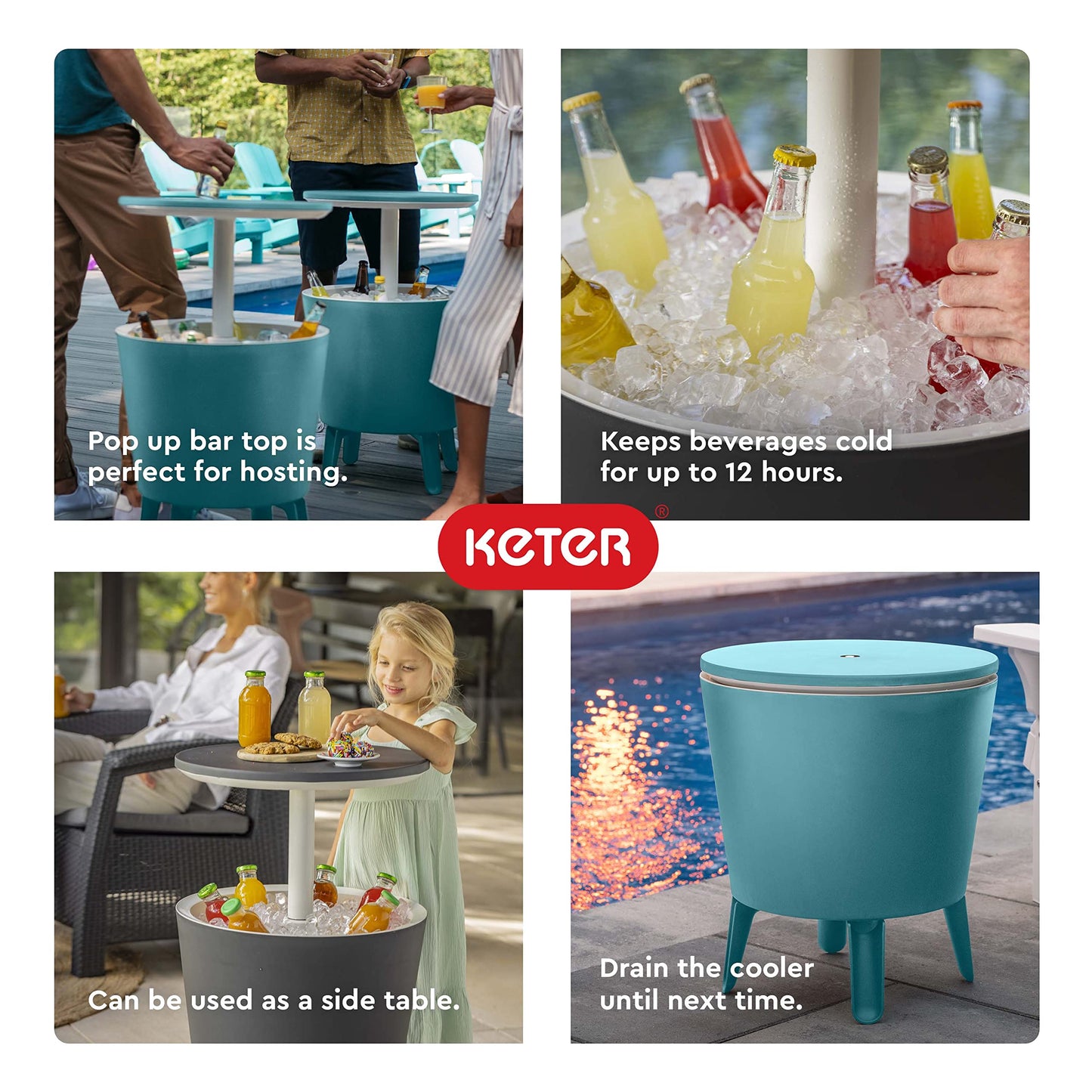 Keter Moderne Coole Bar-Outdoor-Terrassenmöbel und Whirlpool-Beistelltisch mit 2,5 l Bier- und Weinkühler, Dunkelgrau