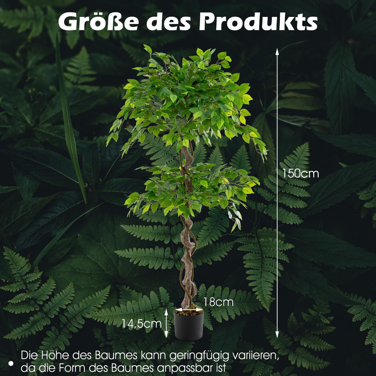 COSTWAY 150 cm Kunstpflanze grün, Künstliche Pflanze Ficus Benjamin, Dekopflanze mit natürlichem Holzstamm & Blättern, Zimmerpflanze Deko, Kunstbaum Innendekoration, für Zuhause Garten Büro