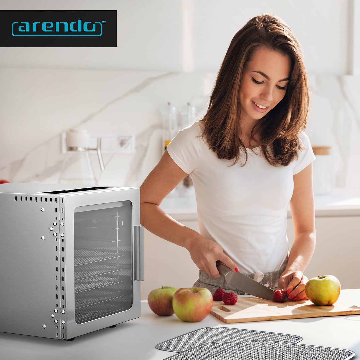 Arendo Edelstahl-Dörrgerät 8-Fach, 500W, mit Temperaturregelung und 24h-Timer, BPA-frei für Obst, Gemüse, Fleisch und Kräuter