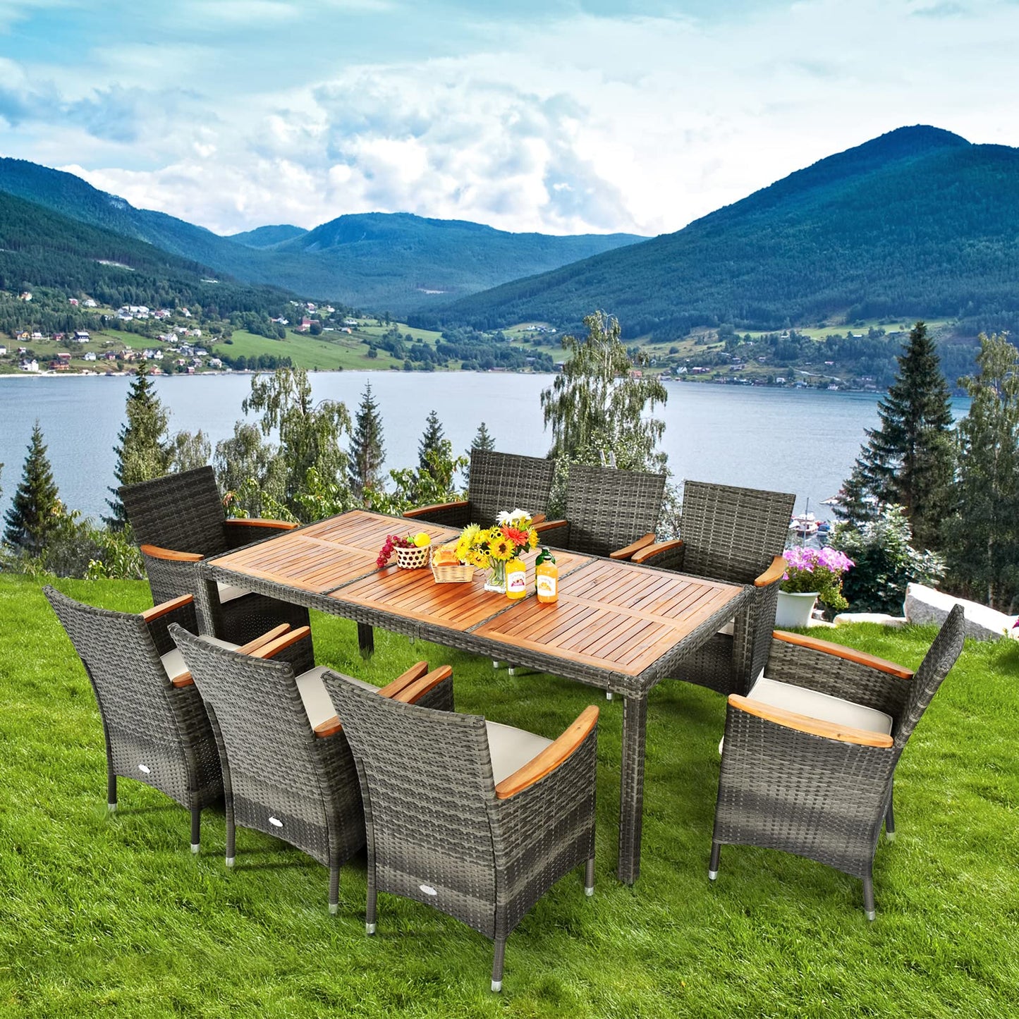 COSTWAY 9 TLG. Rattan Gartenmöbel Set, Sitzgruppe für 8 Personen, Gartentisch mit Tischplatte aus Akazienholz, 8 stapelbare Stühle & Kissen, Terrassenmöbel Set, Gartengarnitur, Sitzgarnitur, Essgruppe