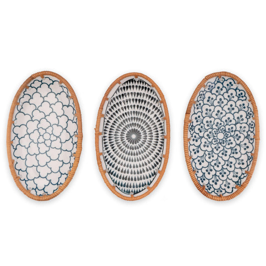 Decorasian Vintage Dekoschalen aus Keramik mit Rattan Geflecht – 3er Set Schmuckschale, Ringschale und Schlüsselschale im Boho Stil