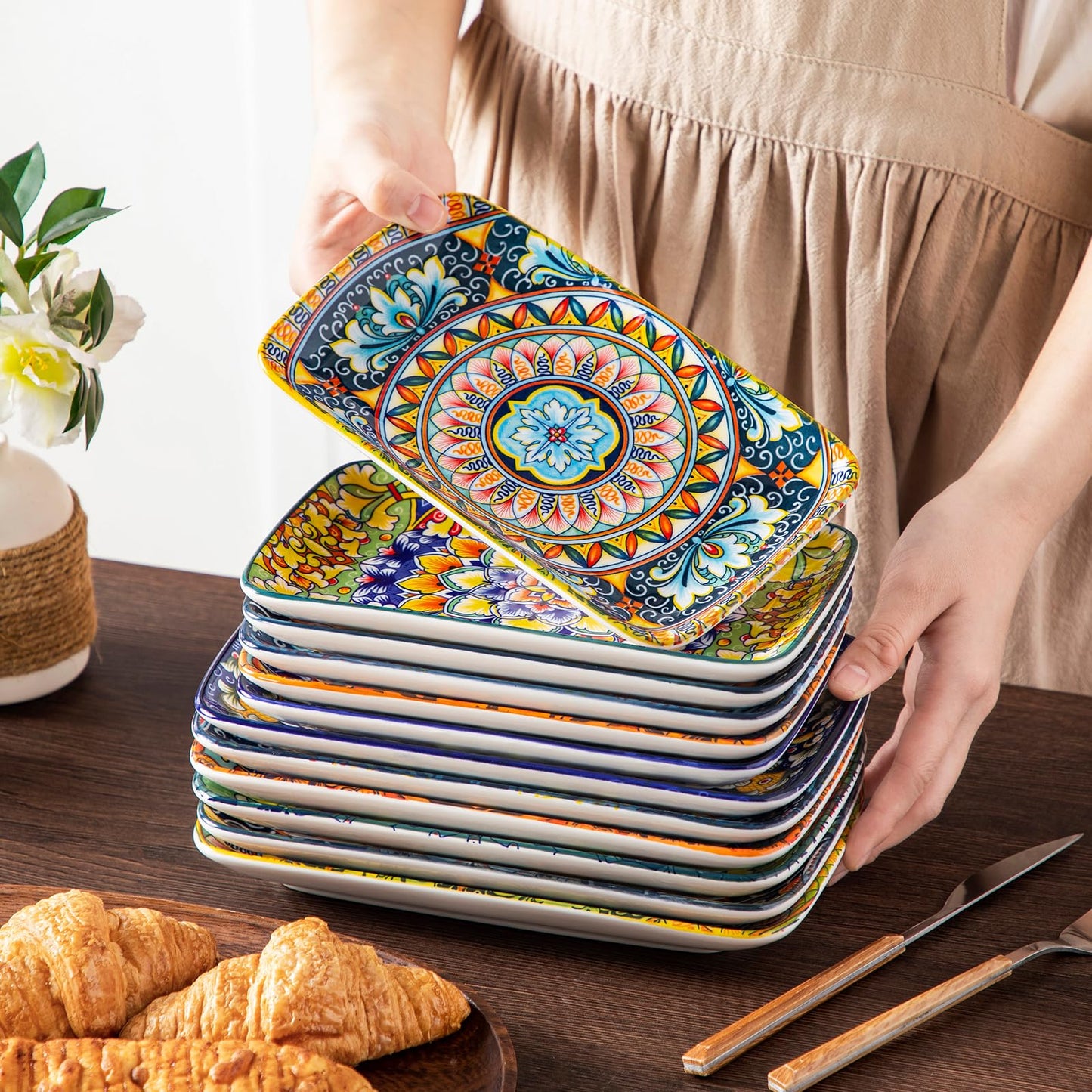 vancasso Servierplatten Porzellan, SIMI Rechteckige Teller Set, 6 teiligs Böhmischer Speiseteller, Dessertteller 6 Personen 24,7 x14,2 x H 3,1cm