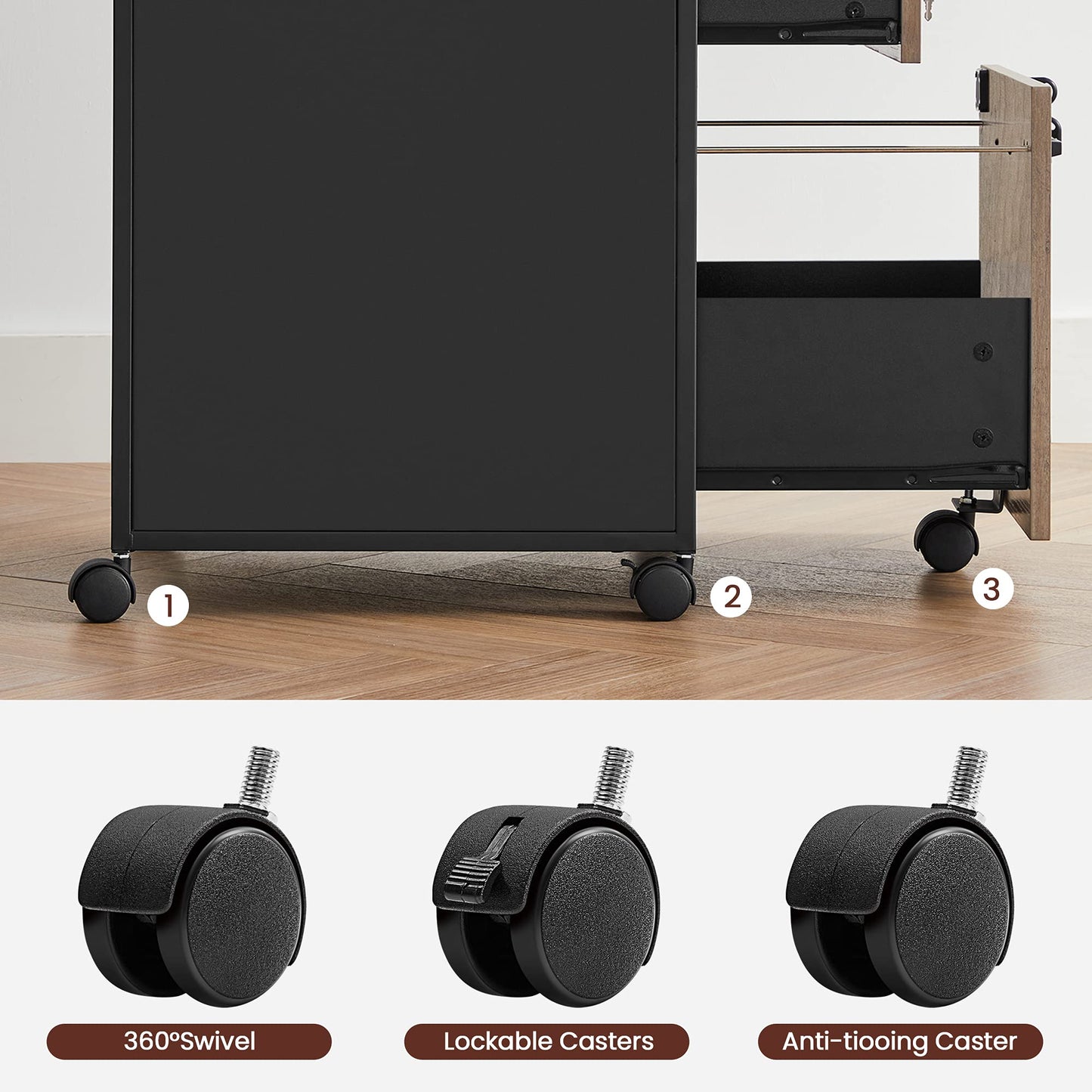 VASAGLE Rollcontainer, Aktenschrank mit 2 Schubladen, mobiler Büroschrank mit Rädern, offenes Fach, Hängeregistratur, Stahlgestell, Industrie-Design, greige meliert-tintenschwarz OFC077B02