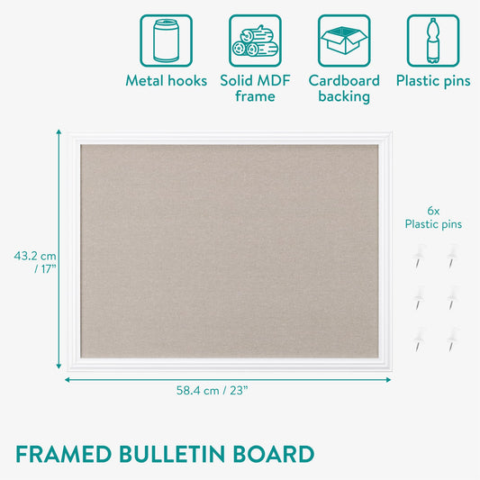 Navaris Memoboard mit Leinenoberfläche - Memoboard 58x43 cm mit Pinnwand aus Leinen - Pinwand Stofffläche mit Rahmen - inkl. Stecknadeln Pins - Weißer Rahmen