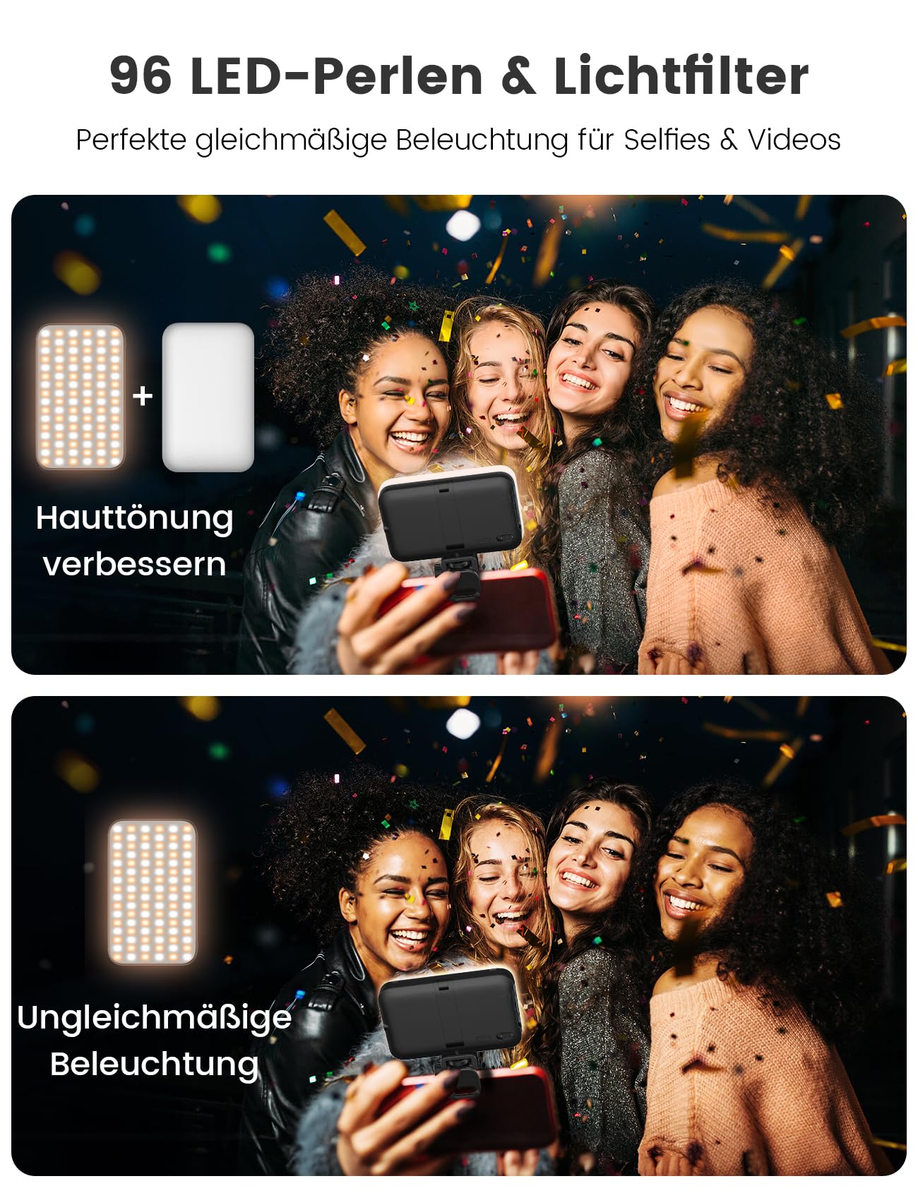 ANXRE Selfie Licht mit Soft-Diffusor & integriertem Ständer – Wiederaufladbares Clip-Fill-Licht mit 96 LEDs, geeignet für Handy, iPhone, Kamera und Laptop, für Make-up, TikTok, Vlogs und Videoanrufe