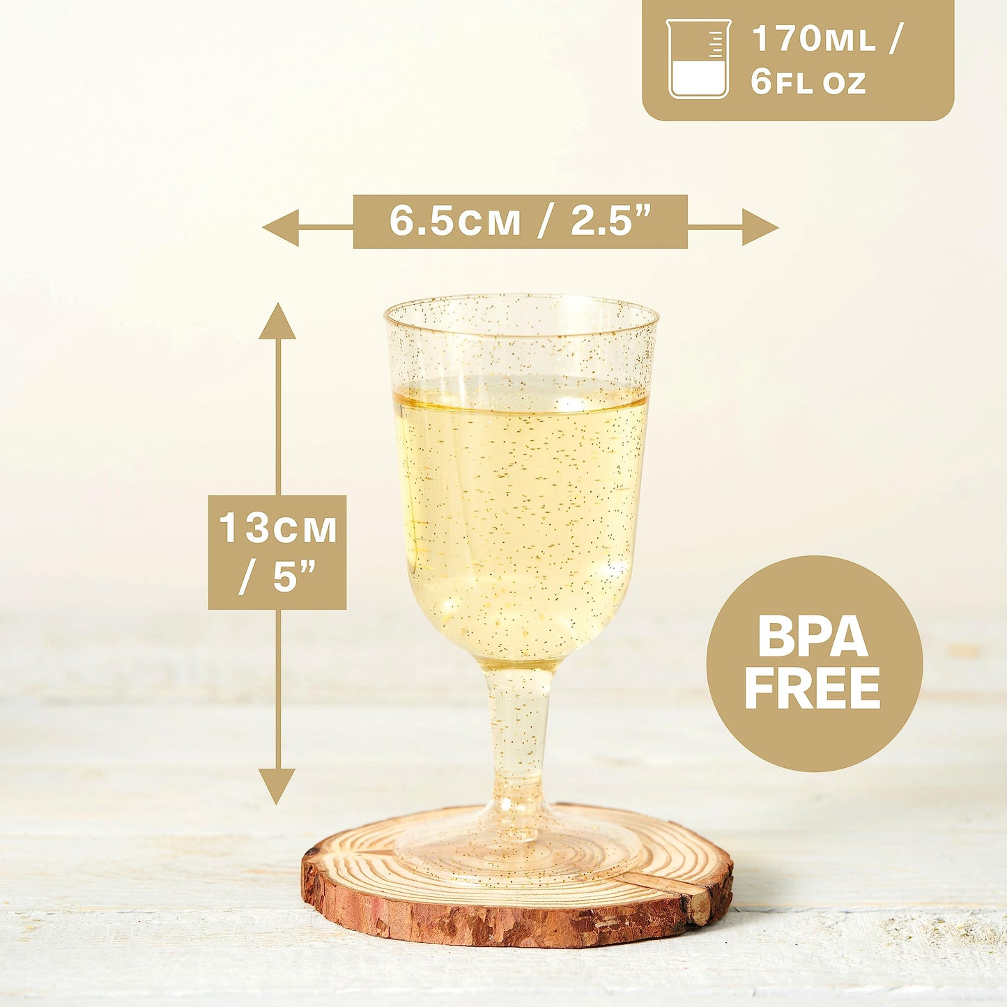 MATANA 50 Premium Weingläser Plastik mit Goldglitter, 180ml - Weingläser aus Kunststoff, Glitzer Weingläser, Cocktailgläser, Weinbecher, Plastikbecher für Hochzeiten, Partys - Stabil & Mehrweg