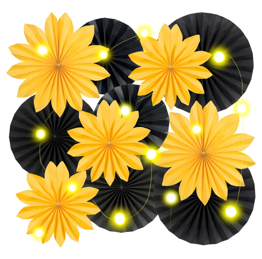 SUNBEAUTY 11 Stück Sonnenblume Dekoration Papier Fächer mit LED-Lichterkette Hängend Sunflower Deko Gelb Schwarz Party Geburtstagsdeko für Abschluss Hochzeit Thanksgiving Herbstdekoration