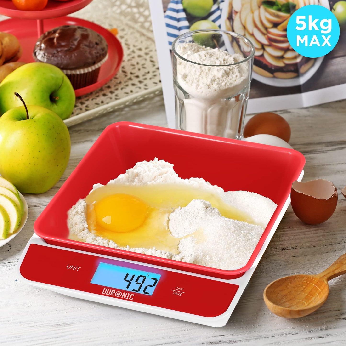 Duronic KS100 RD Küchenwaage | 5 kg Digitalwaage mit 1,2 L abnehmbarer Schüssel | 1 g grammgenau Präzision-Feinwaage | Haushaltswaage mit Tara-Funktion | Digitale Waage mit Hold-Funktion | Zum Kochen