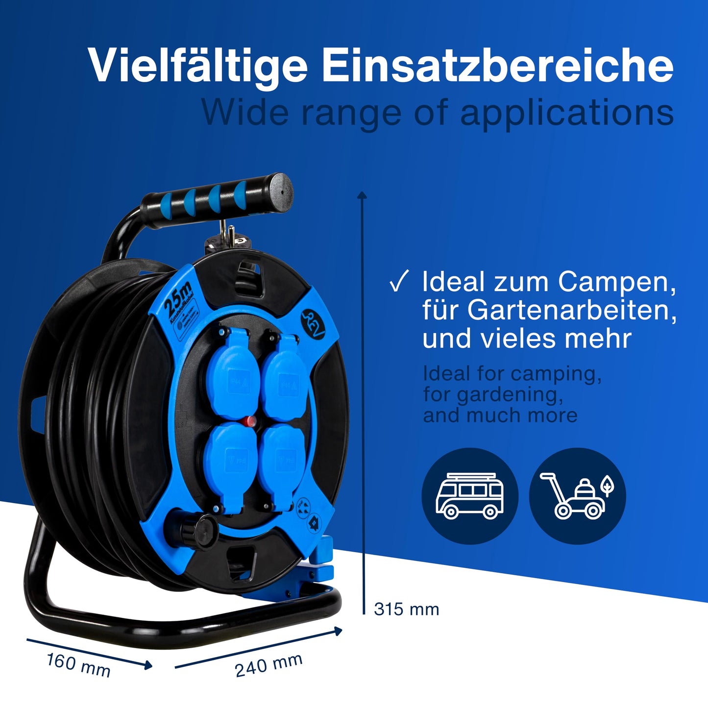 REV Kabeltrommel, IP44, Outdoor, 4 Schutzkontaktsteckdosen, 25m, schwarz