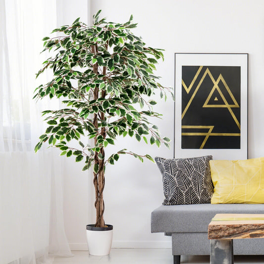 COSTWAY 160 cm Kunstpflanze grün, Künstliche Pflanze Ficus Benjamin, Dekopflanze mit natürlichem Holzstamm & Blättern, Zimmerpflanze Deko, Kunstbaum Innendekoration, für Zuhause Garten Büro