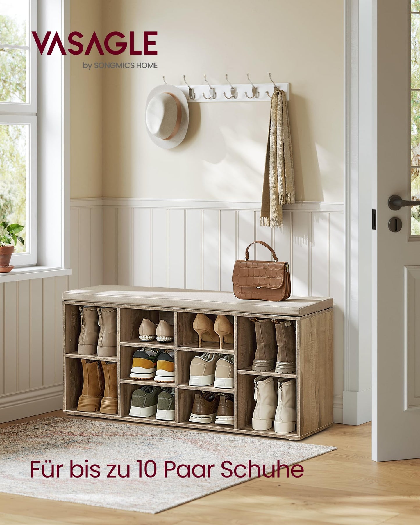 VASAGLE Schuhbank, Schuhregal mit Sitzfläche, Sitzbank mit Stauraum, gut gepolstert, Flurbank mit 10 Fächern, verstellbaren Ablagen, für Schlafzimmer, 30 x 104 x 48 cm, Kamelbraun LHS010K02