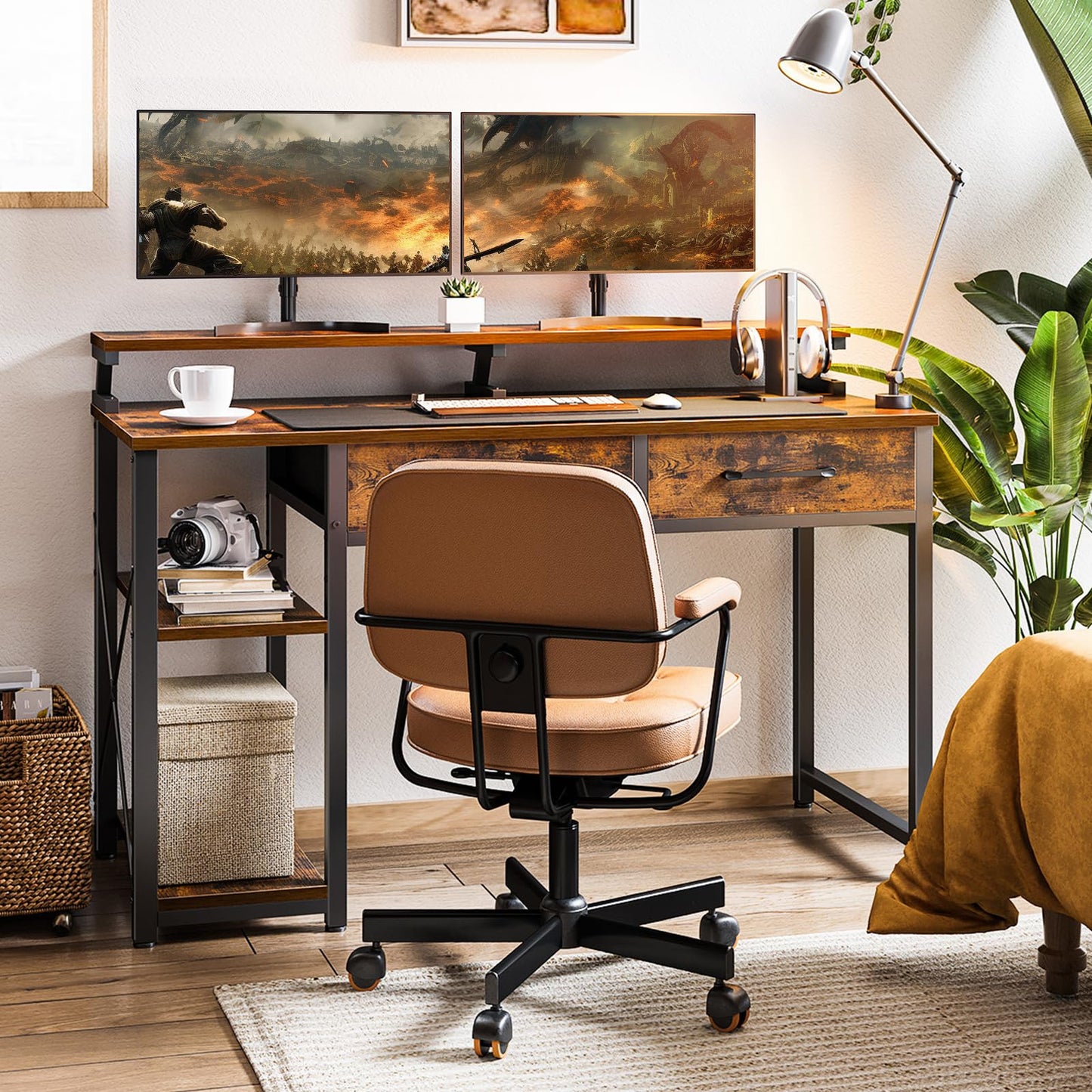 ODK Schreibtisch mit 2 Schubladen, Computertisch mit Regalen und Monitorständer, Bürotisch mit Bücherregal, Computertisch Klein PC-Tisch Officetisch für Home Office, 120x50x87cm, Rustikales Braun