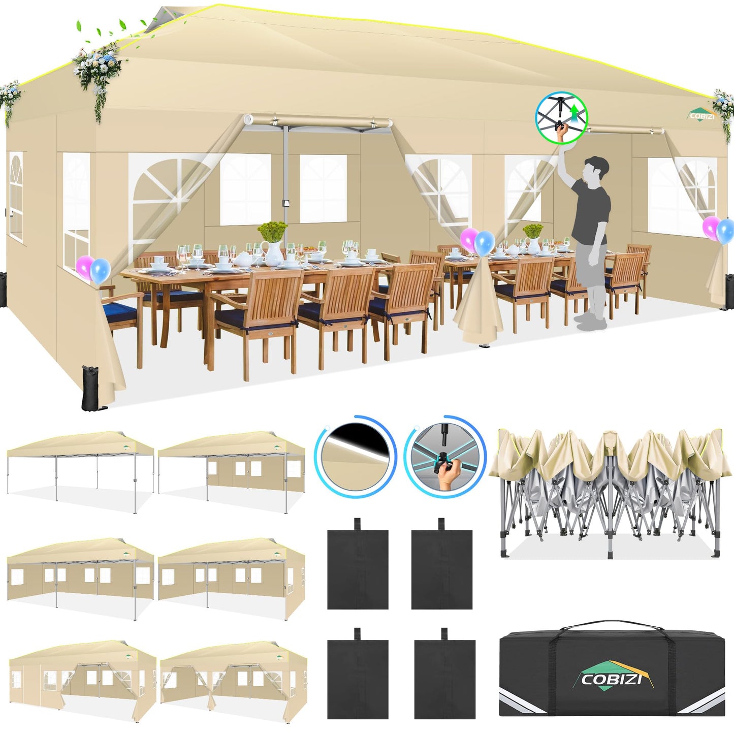 COBIZI Pavillon 3x6 Faltpavillon 3x6 wasserdicht Winterfest,Gardenpavillon Partyzelt Pop Up Pavillon Klappbar 3x6 Zelt mit 6 Seitenwnden mit Belüftungsöffnungen, Sandsack für Markt, Freien Event,Khaki