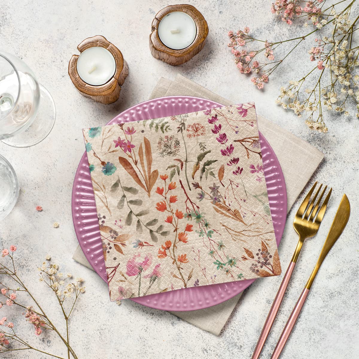 PAW - Servietten 3-lagig (33 x 33 cm) I 20 Stück I Perfekt für Geburtstage, Partys, Kommunion und Feiern I Papierservietten mit Natur Motiv I Umweltschutz, Getrocknete Blumen I Dried Floral Bouquet