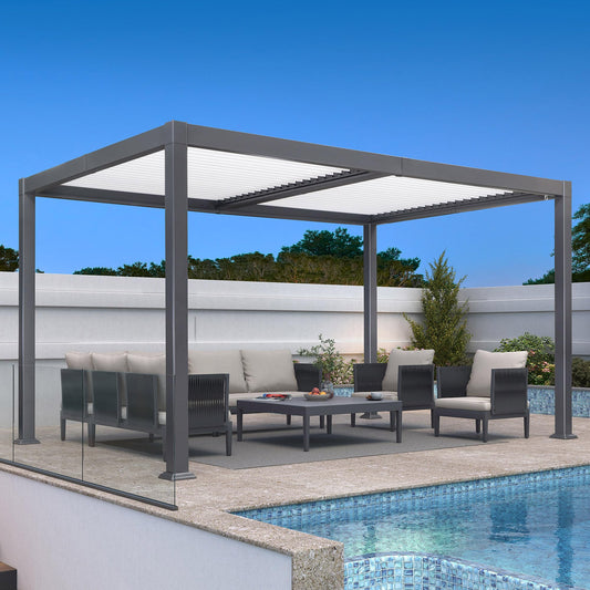 PURPLE LEAF Pavillon 3 x 4.2 m Wasserdicht Stabil Pergola mit Lamellendach Alu Terrassenüberdachung Hardtop Pavillon mit Moskitonetze und Vorhänge, Grauer Rahmen und Weißes Dach