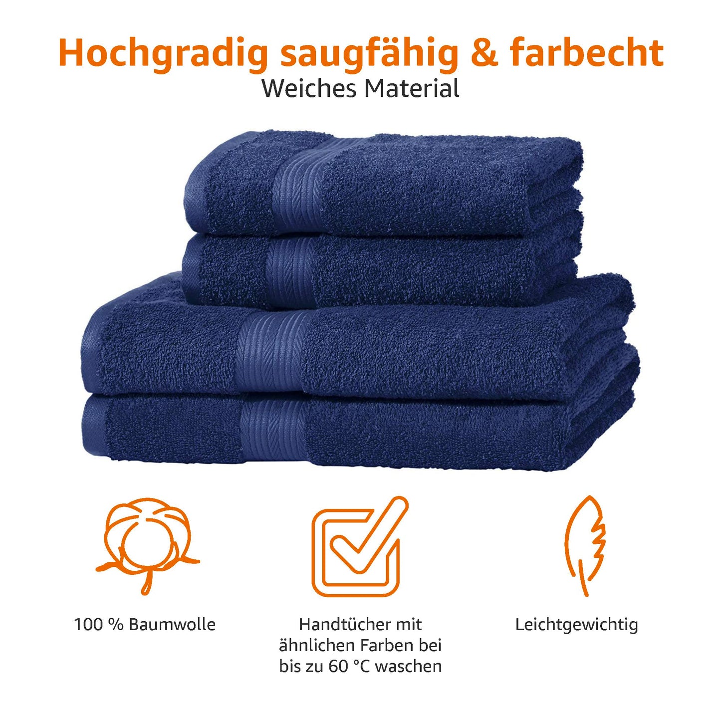 Amazon Basics – 4 Stück Badetuch-Set für Badezimmer, lichtbeständig, 100 % Baumwolle, weich und saugfähig, 2 Badetücher und 2 Handtücher, Königsblau