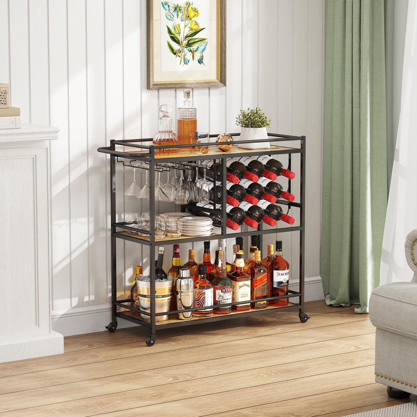 Lifewit Servierwagen, Barwagen mit 3 Ebenen und feststellbaren Rädern, 12 Weinfächern und 3 Reihen Glashalter, Küchenwagen,Cocktailwagen für Esszimmer Wohnzimmer, 80,2 x 33,2 x 86 cm, Braun-Rustikal