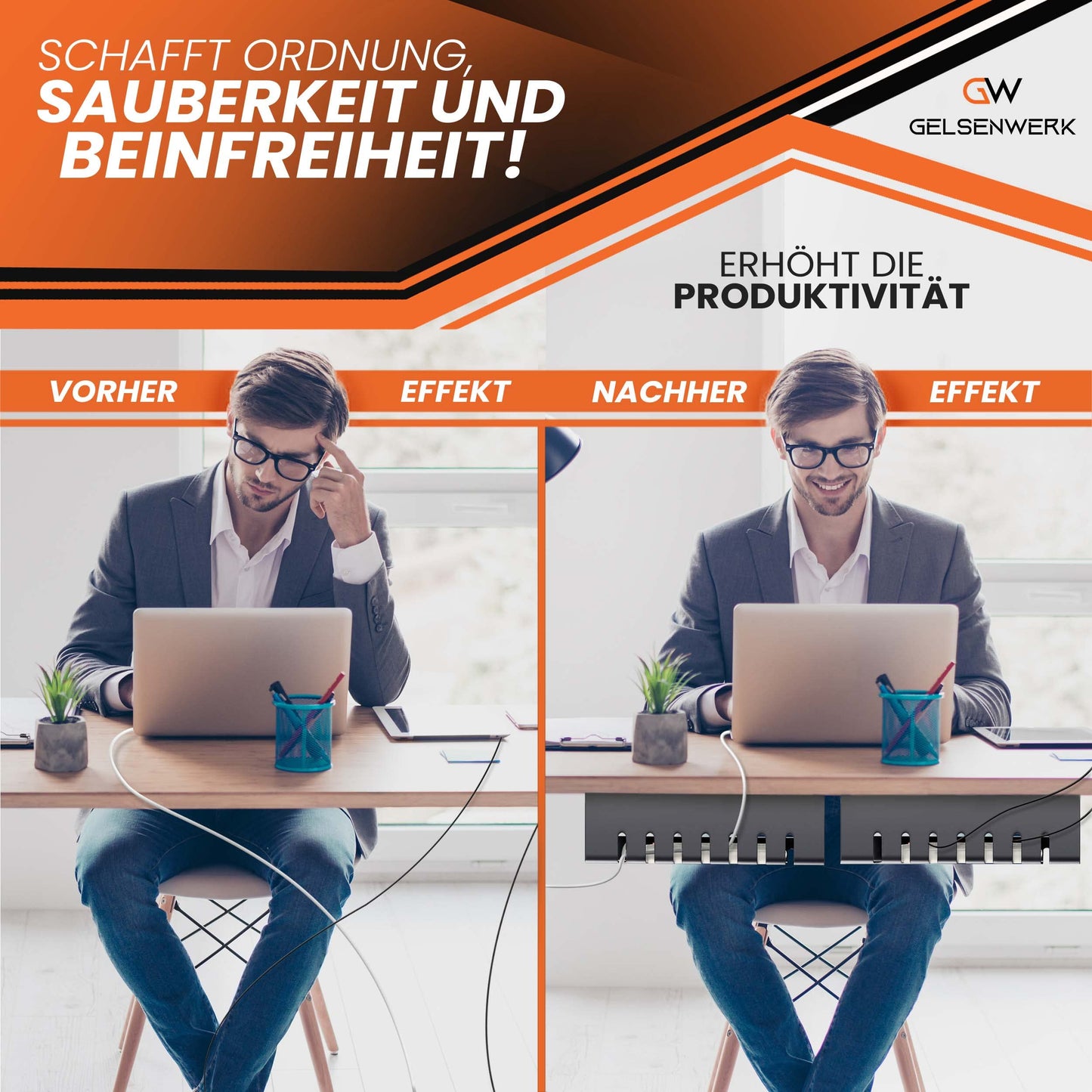 GELSENWERK® 2er Set Kabelkanal Schreibtisch Schwarz ohne Bohren - Kabelhalter 43x12x12cm inkl. Kabelschlauch - Kabelwanne für ordentliches Kabelmanagement am Arbeitsplatz und Ordnung im Büro