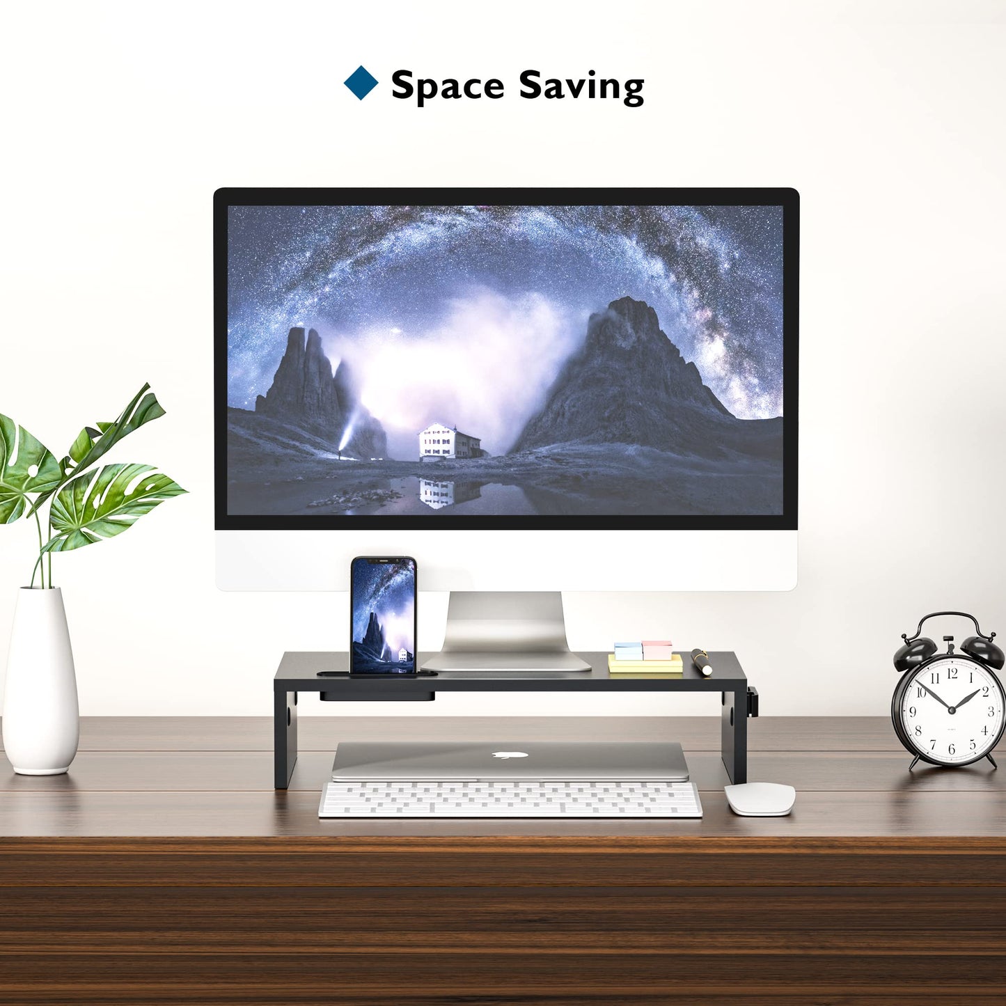 BONTEC Monitorständer, Unterbau Bildschirm, Ständer mit Handyhalter, ergonomischem Druckerständer mit Kabelführung für Laptop, Computer, Notebook, iMac, PC, 42CM, Schwarz
