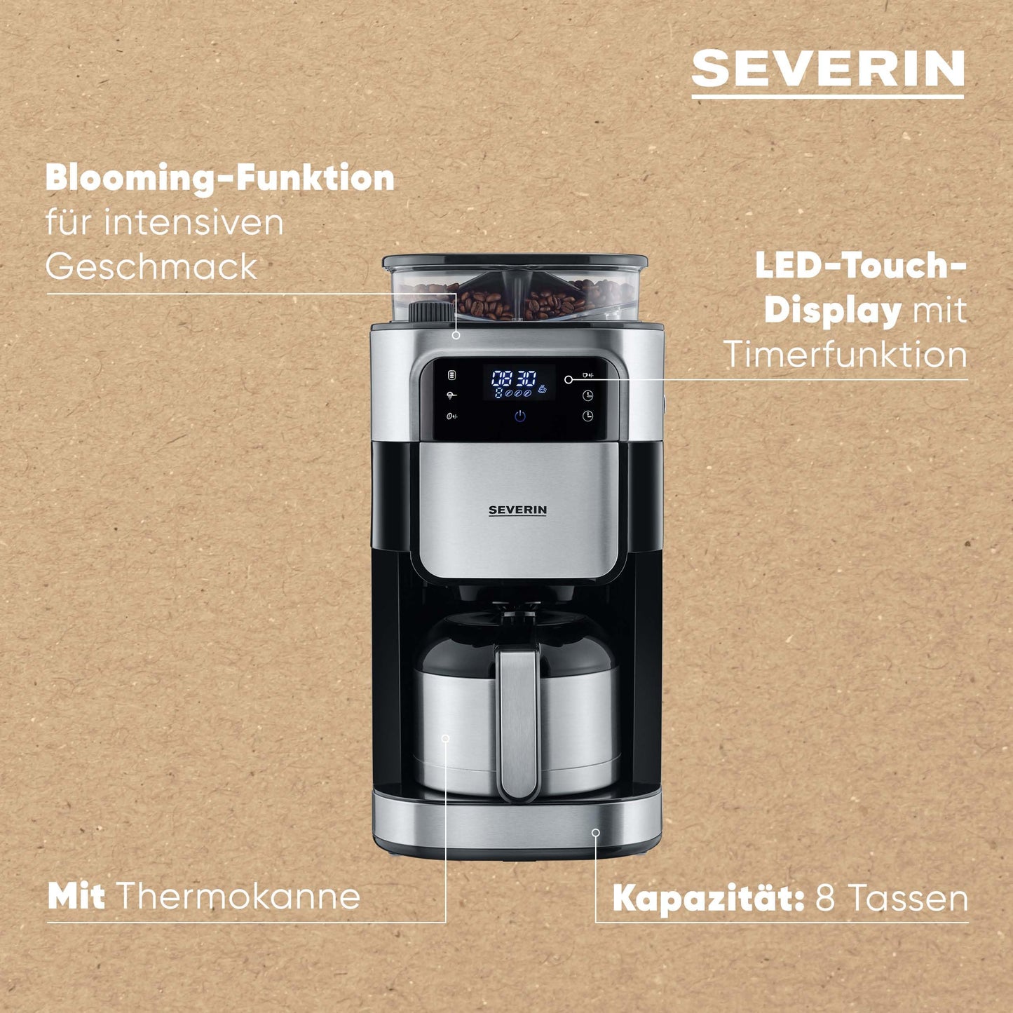 SEVERIN Filterkaffeemaschine mit Edelstahl-Mahlwerk und Thermokanne, feinste Mahlung und individuell auswählbarer Mahlgrad, 1000 W, für bis zu 8 Tassen / ca. 1 Liter, Schwarz, KA 4814