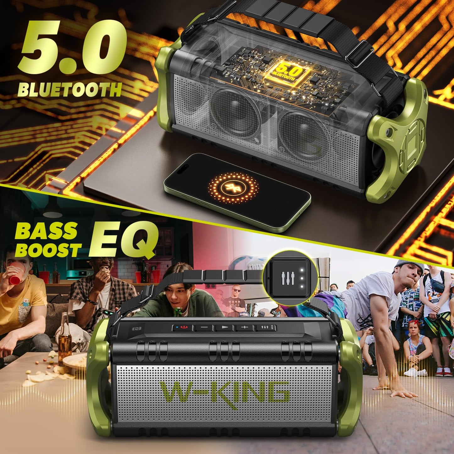 W-KING Bluetooth Lautsprecher Groß 90W Peak, Musikbox Bluetooth, 50W Deep Bass, Portable Party Loud Lautsprecher Boxen, IPX6 Wasserdicht, Boombox Outdoor Lautsprecher, 40H, EQ, Powerbank, AUX, TF,NFC