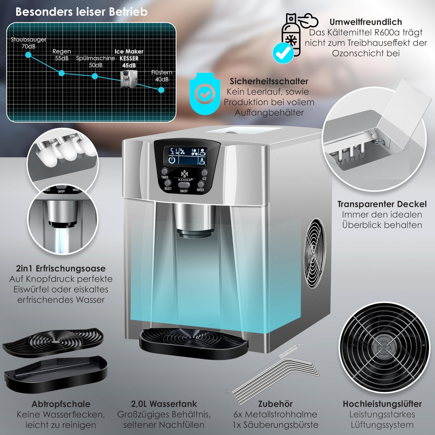 KESSER® Eiswürfelbereiter | Eiswürfelmaschine Edelstahl | 100W Ice Maker | 12 kg 24 h | 2 Würfelgrößen | Zubereitung in 6 min | 2 Liter Wassertank | Timer | LCD-Display | Wassertank, Silber