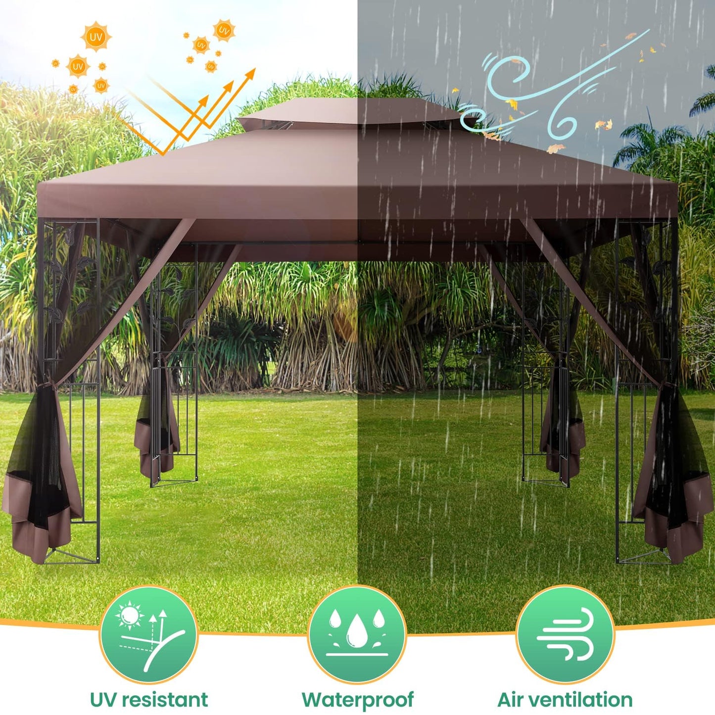 COBIZI Gartenpavillon Mit Moskitonetz Pavillon 3x4 Wasserdicht Stabil Winterfest Pavillon Metall Winterfest Sturmfest Garten Pavillon Wetterfest Gazebo Pavillon Metall Pavillon