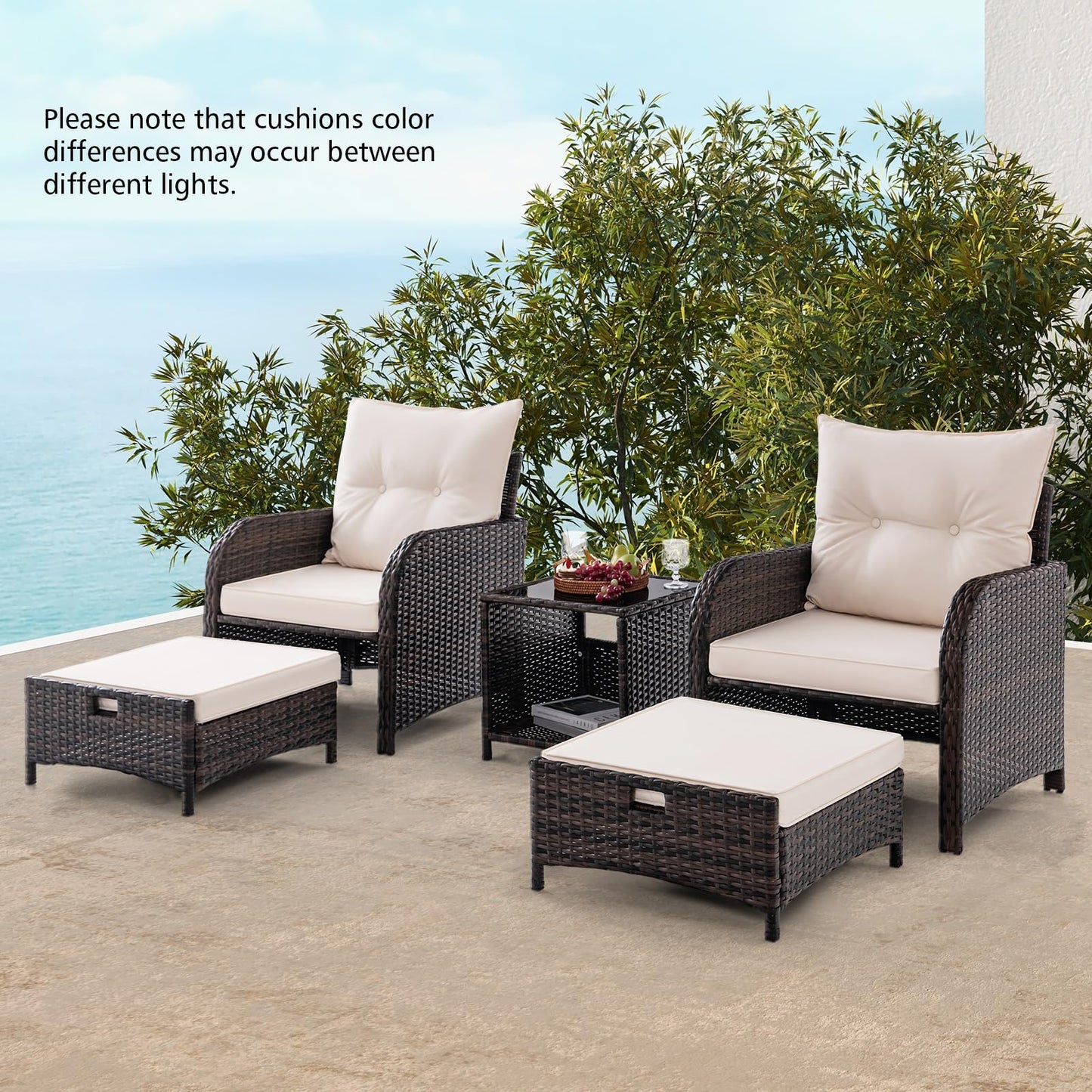 GIANTEX 5er Rattan Gartenmöbel Set, Balkonmöbel Kleiner Balkon, Balkonset 2 Rattansessel mit Hocker, Gartenlounge Set Terrassenmöbel mit Tisch, Gartengarnitur Möbelsets Outdoor Sitzgruppe 5 teilig