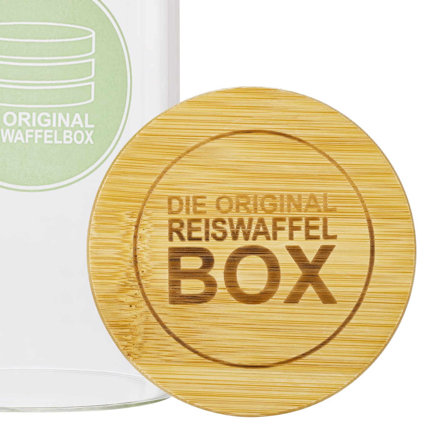 Die Original Reiswaffelbox mit Bambusdeckel - Reiswaffeldose aus Glas mit Silikonring - Luftdichte Reiswaffel Dose - Reiswaffelbehälter - Reiswaffel Aufbewahrung - für Reiswaffeln bis 9,5 cm