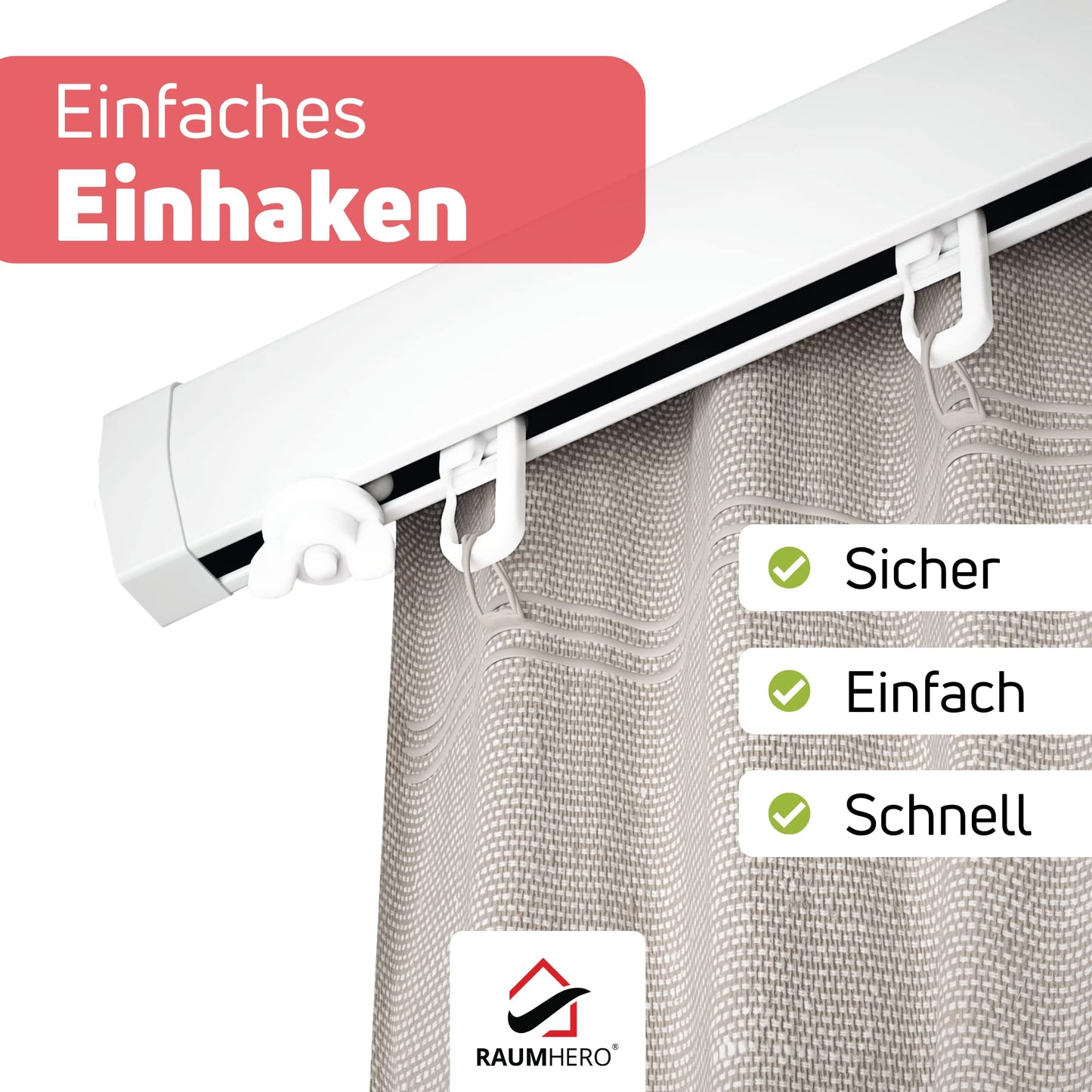 Raumhero® Gardinenröllchen für Schiene (Komplettset 100x Gardinenhaken inkl. 6X Stopper) - 8mm Standardmaß Gardinengleiter - Gardinenhaken für Schienen - 100% Made in Germany