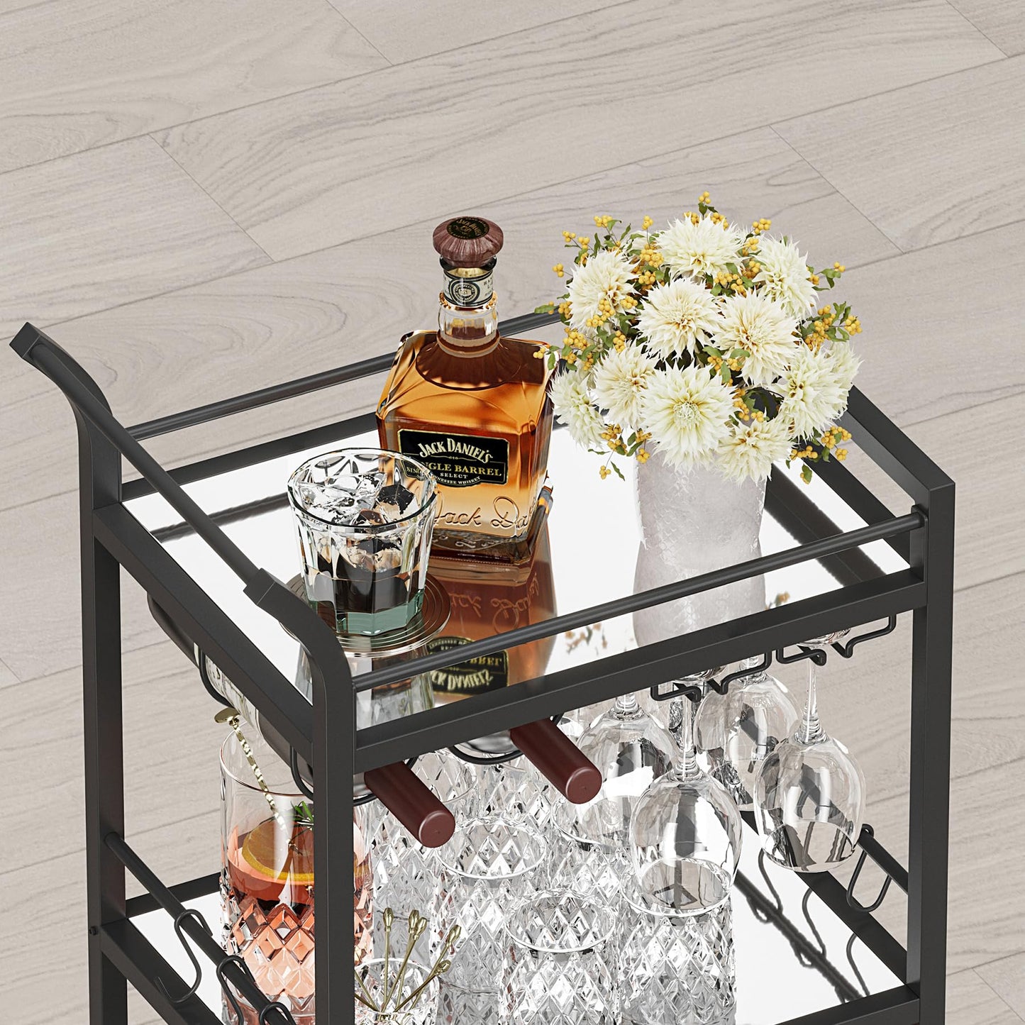 TUTOTAK Barwagen Home Bar Servierwagen Mikrowellenwagen Getränkewagen Mobiles Küchenregal mit 3 Ebenen Spiegelregal Weinhalter Glashalter Rollender Getränkewagen Schwarz BC01BK034