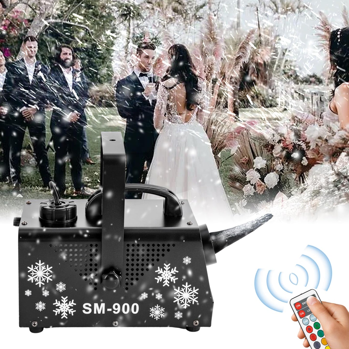 900W Schneemaschine Schneekanone mit 12 LED RGB Lichtern und 3 Beleuchtungsmodi, Weiße Schneeflocken Maschine mit Fernbedienungen für Halloween, Weihnachten, Hochzeit, Partys