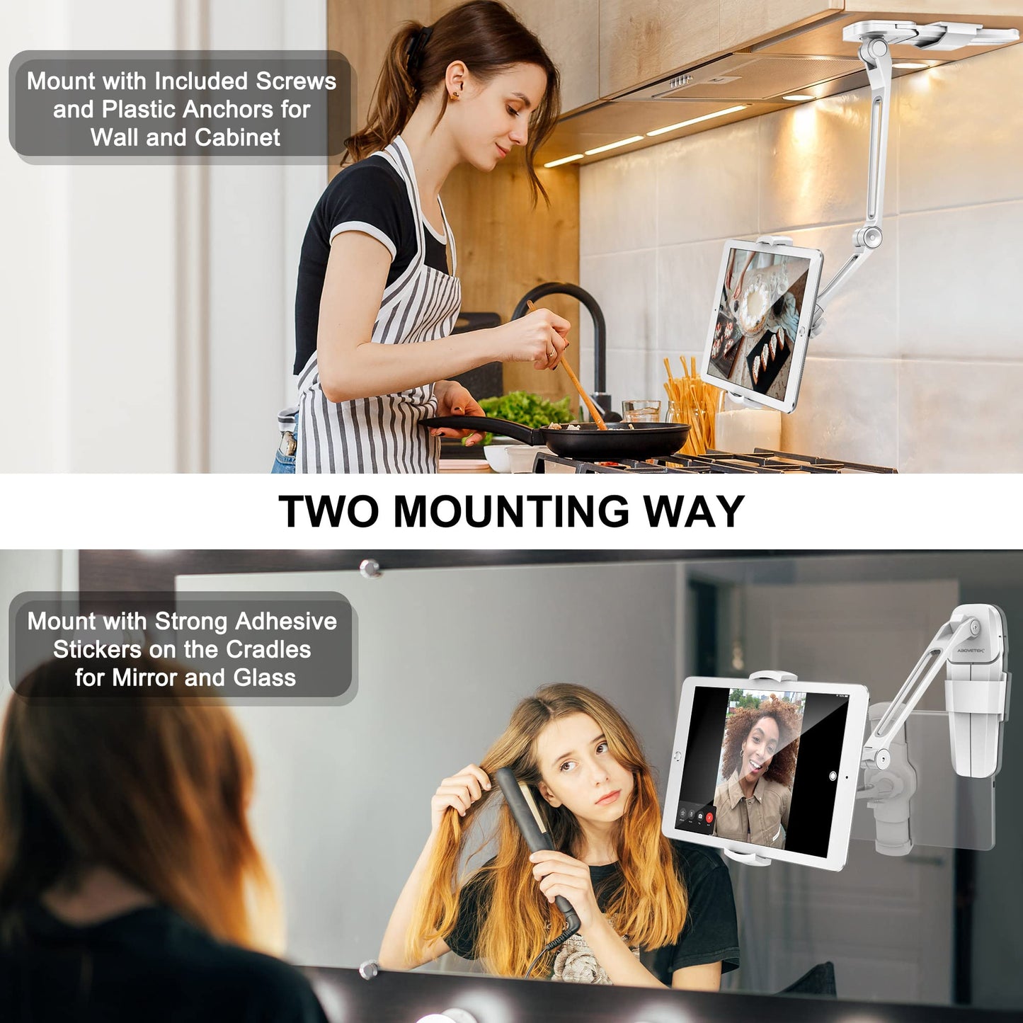 AboveTEK Tablet Halter iPad Wandhalterung Tablet Halterung mit Höhenvertellbar iPad Ständer für iPhone iPad Pro Küche Samsung Huawei MediaPad (4.7-13.5 Zoll) (WEIß)