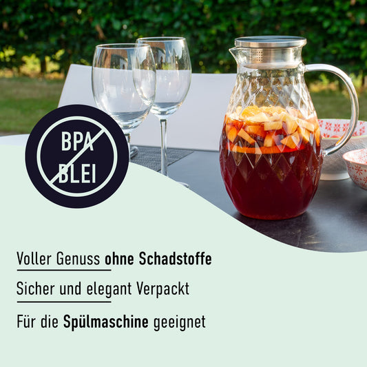 Karaffe aus Borosilikatglas mit Deckel und Ausgießer - Glaskaraffe mit einzigartigem Rautenmuster für 2 Liter kaltes oder heißes Wasser - Getränkekanne für hausgemachten Eistee und Saft