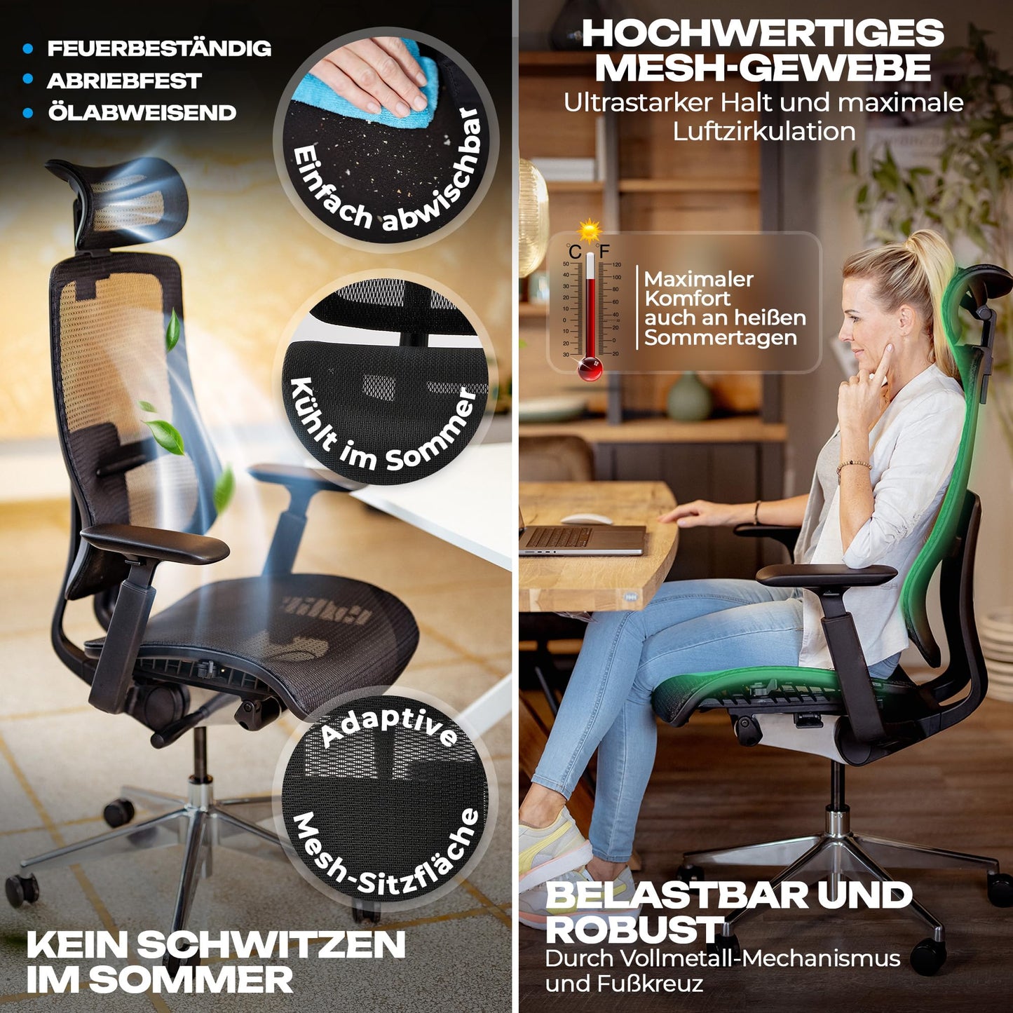 VALKENSTOL M6 Bürostuhl Ergonomisch - Auch für Grosse Menschen, Mesh-Sitz Ergonomischer Bürostuhl Chefsessel Bürostuhl Schreibtischstuhl Office Chair