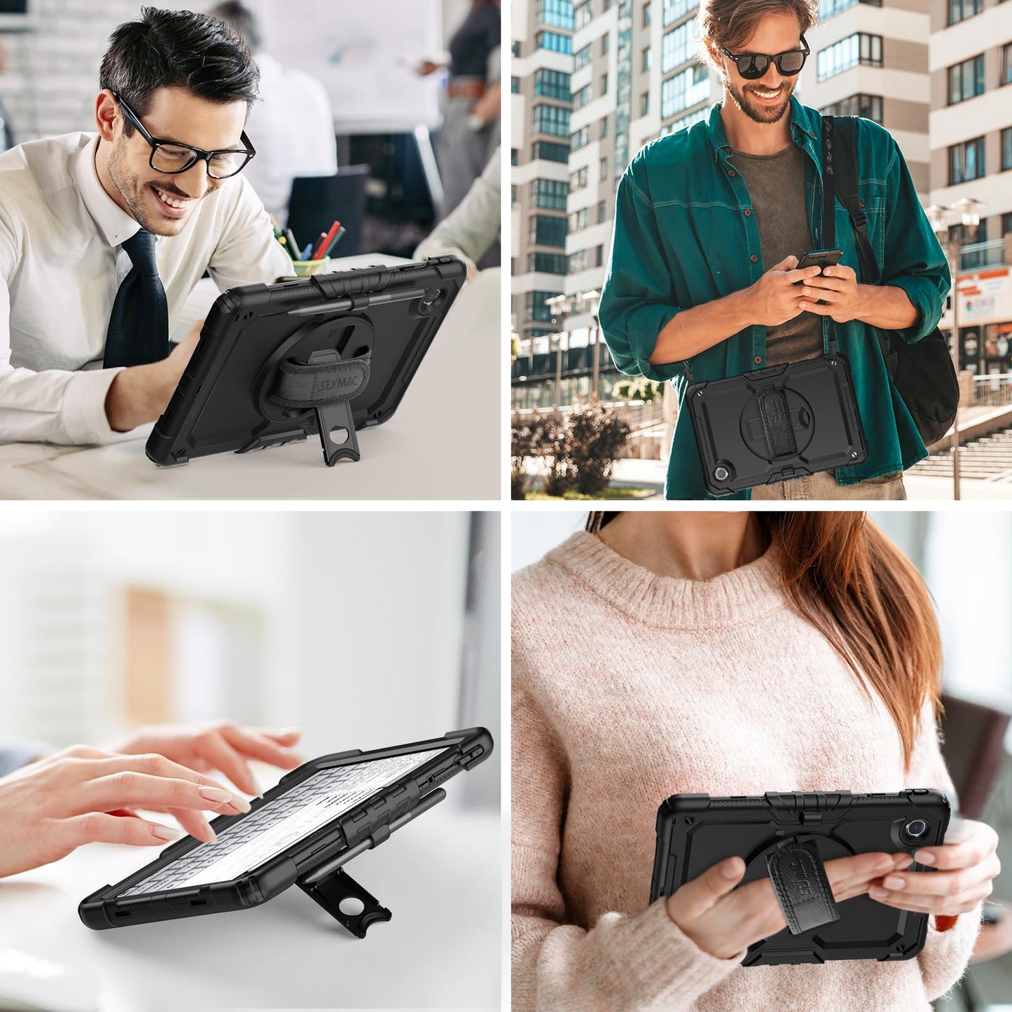SEYMAC Hülle für Lenovo Tab M11 2024 (TB-330FU/TB-331FC), Stoßfeste für Lenovo Tab M11 Hülle mit Displayschutzfolie, 360° Drehbarer Ständer und Handschlaufe, Schultergurt, Stifthalter, Schwarz